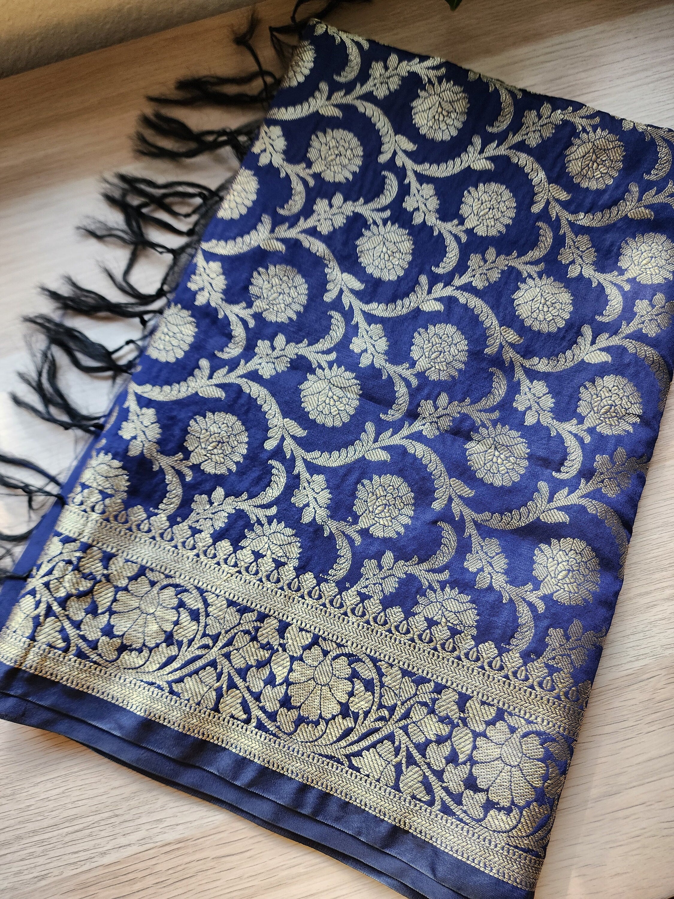 Dark Blue Banarasi Tapetta Silk Dupatta with Floral Border