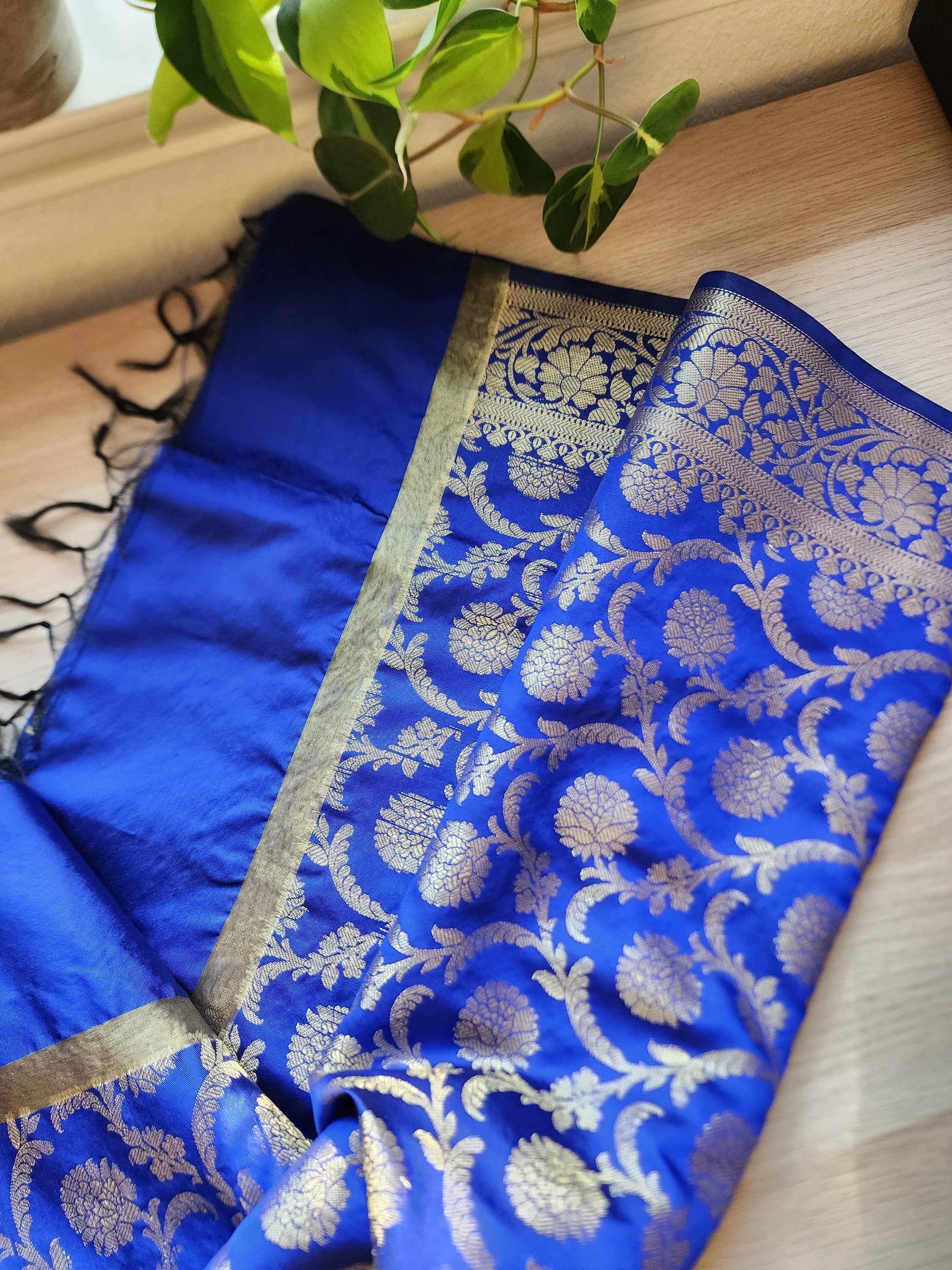 Banarasi Royal Blue Silk Dupatta with Gold Weaving and Floral Border