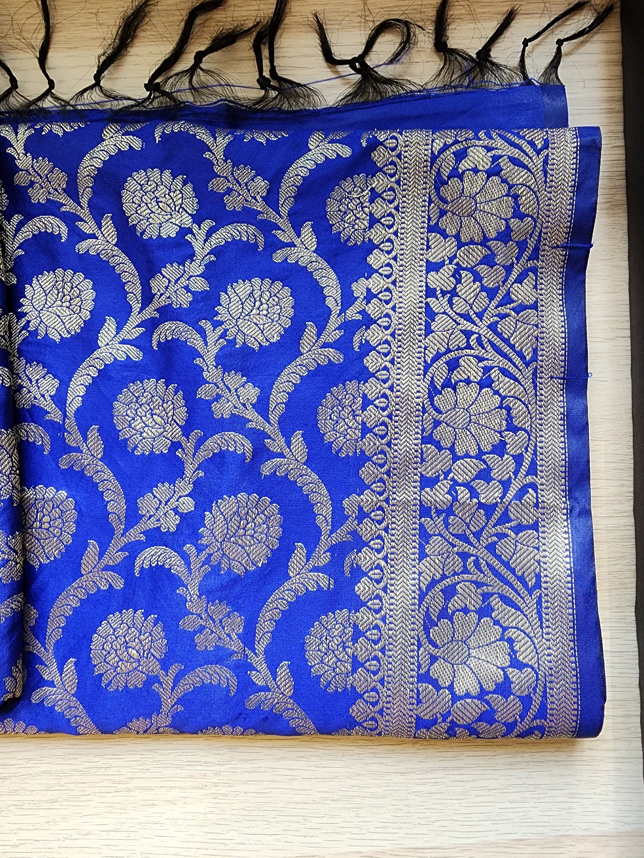 Banarasi Royal Blue Silk Dupatta with Gold Weaving and Floral Border