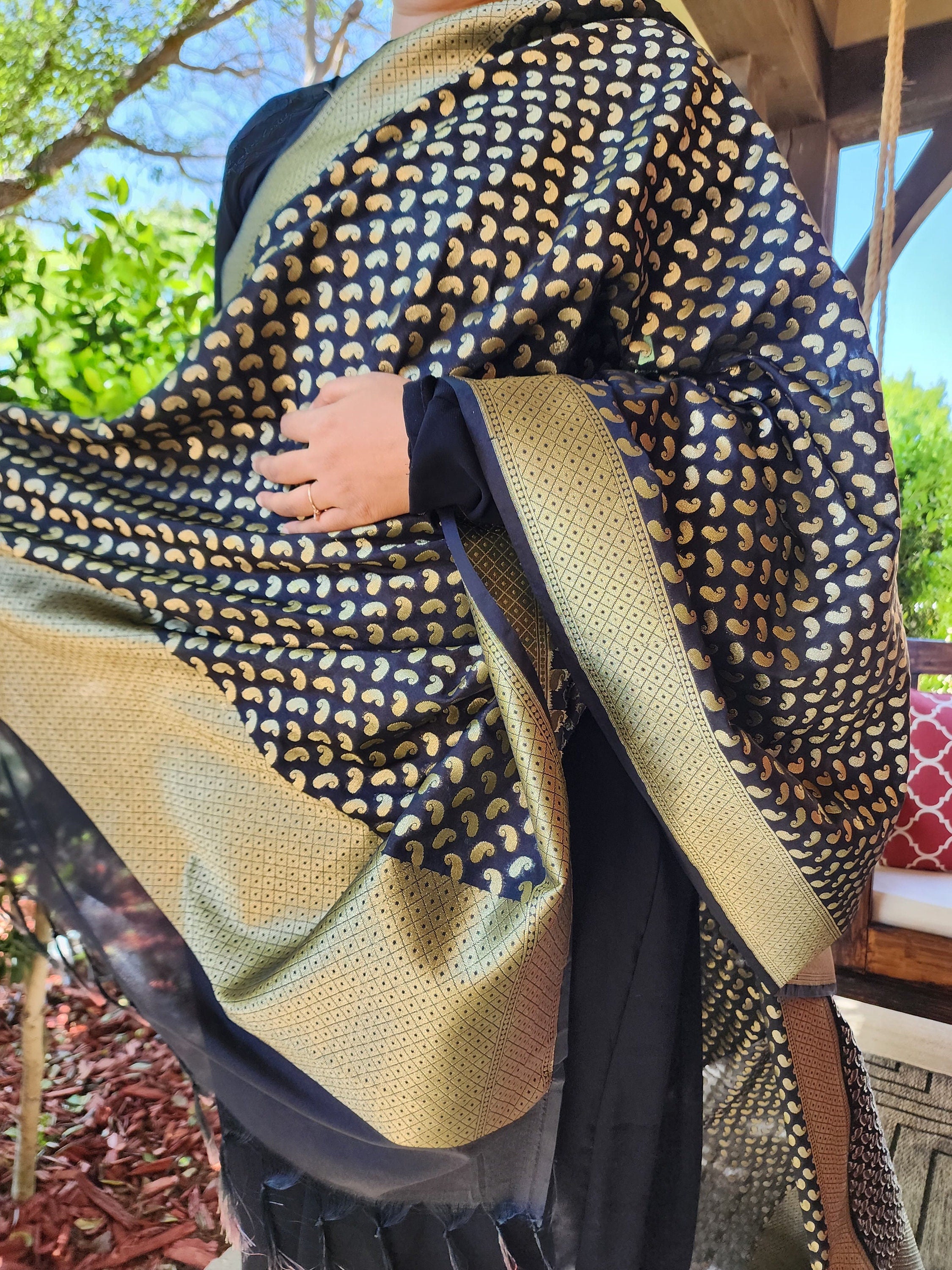 Black Banarasi Silk Dupatta with Gold Kairi Motifs and Intricate Zari Border