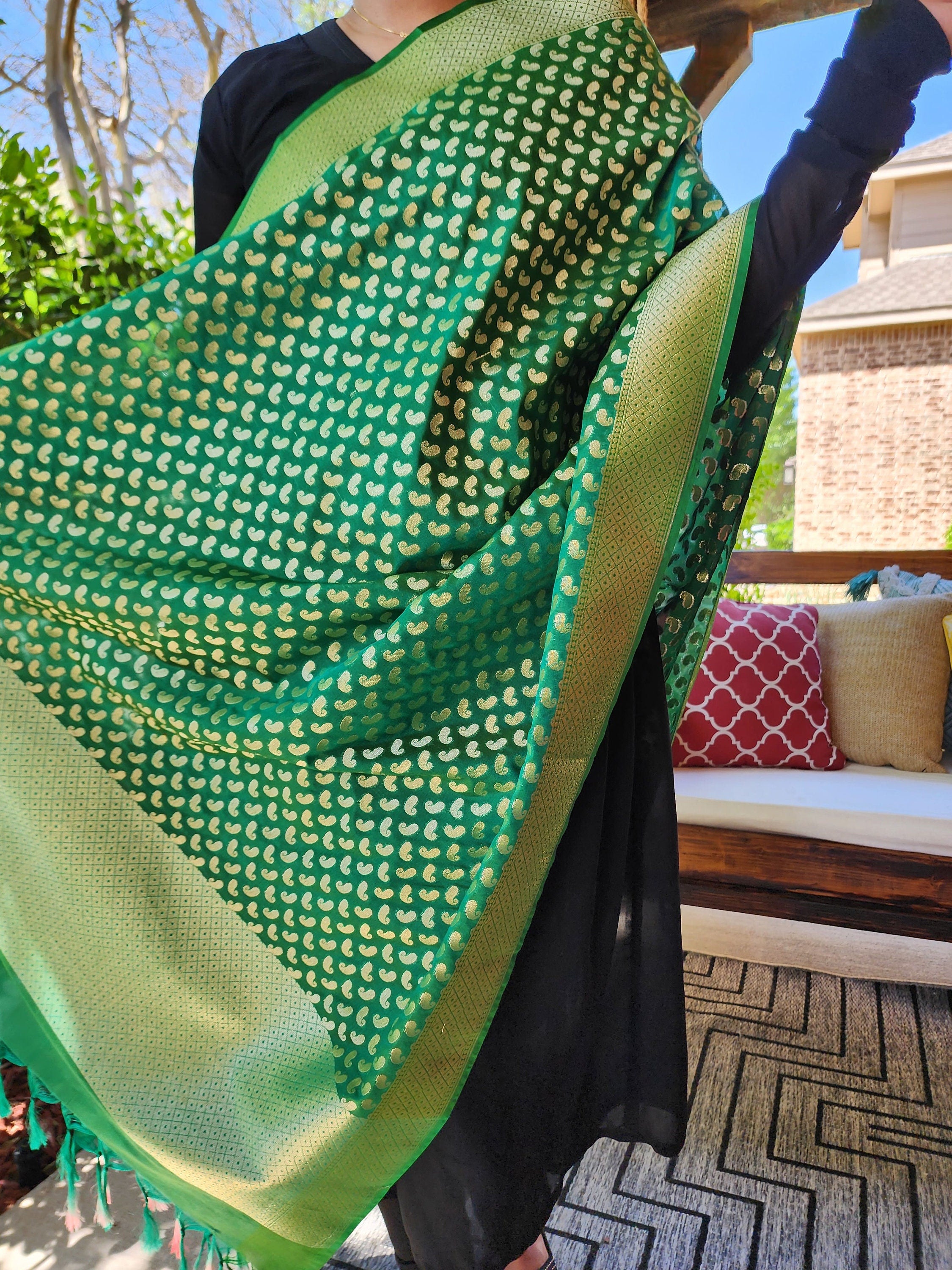 Forest Green Banarasi Silk Dupatta with Gold Kairi Motifs and Intricate Zari Border