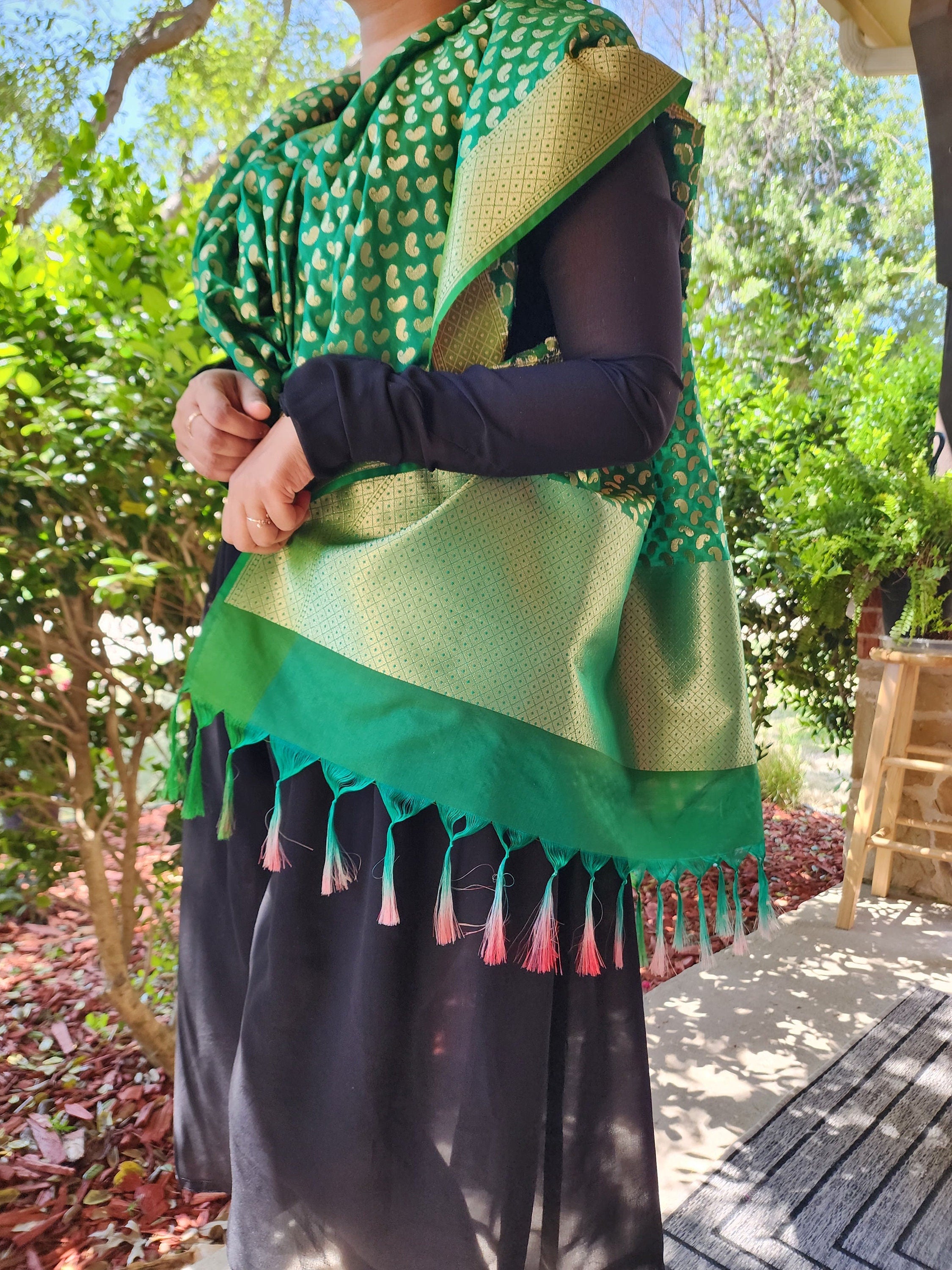 Forest Green Banarasi Silk Dupatta with Gold Kairi Motifs and Intricate Zari Border