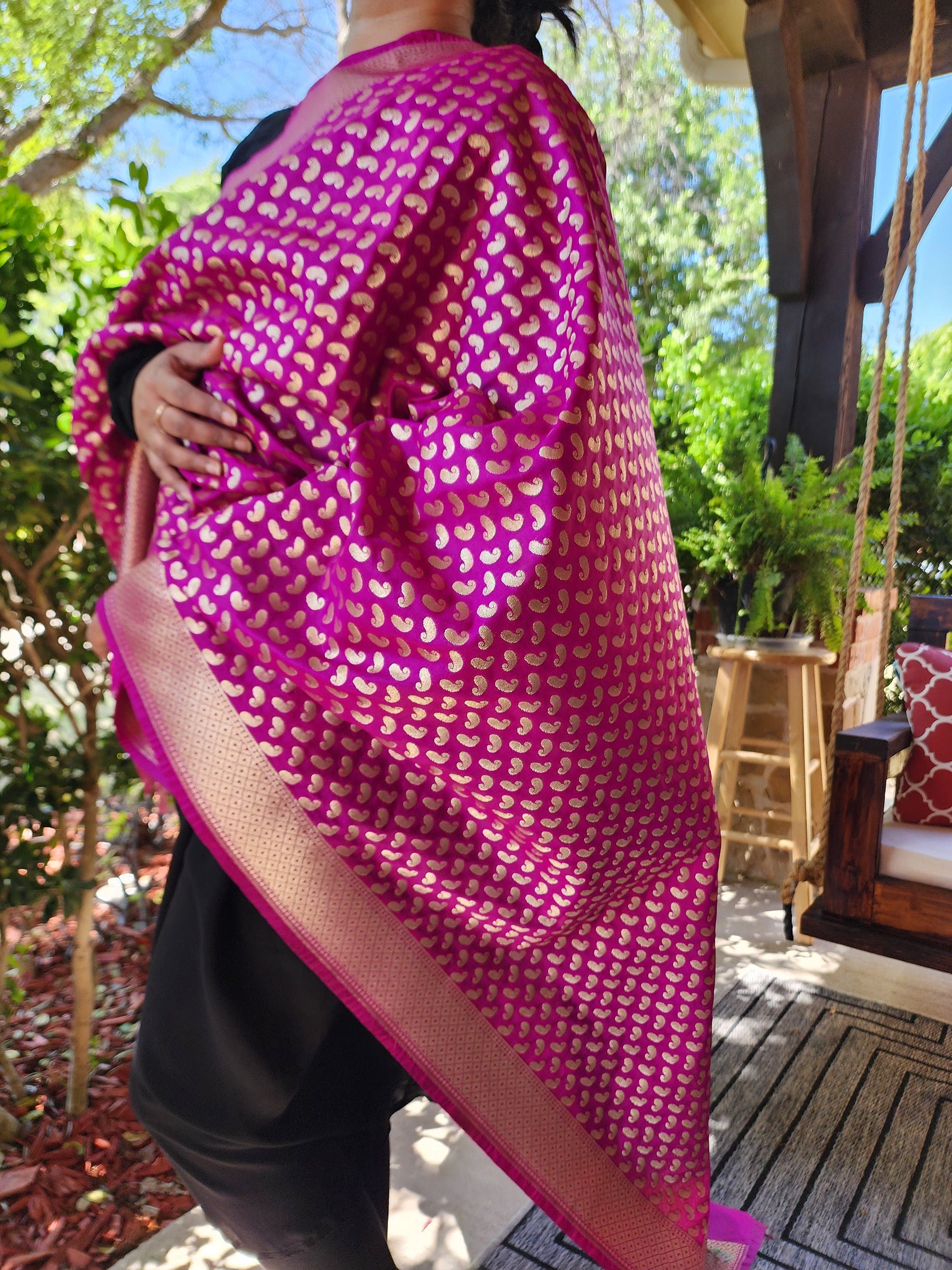 Purple Banarasi Silk Dupatta with Gold Kairi Motifs and Intricate Zari Border