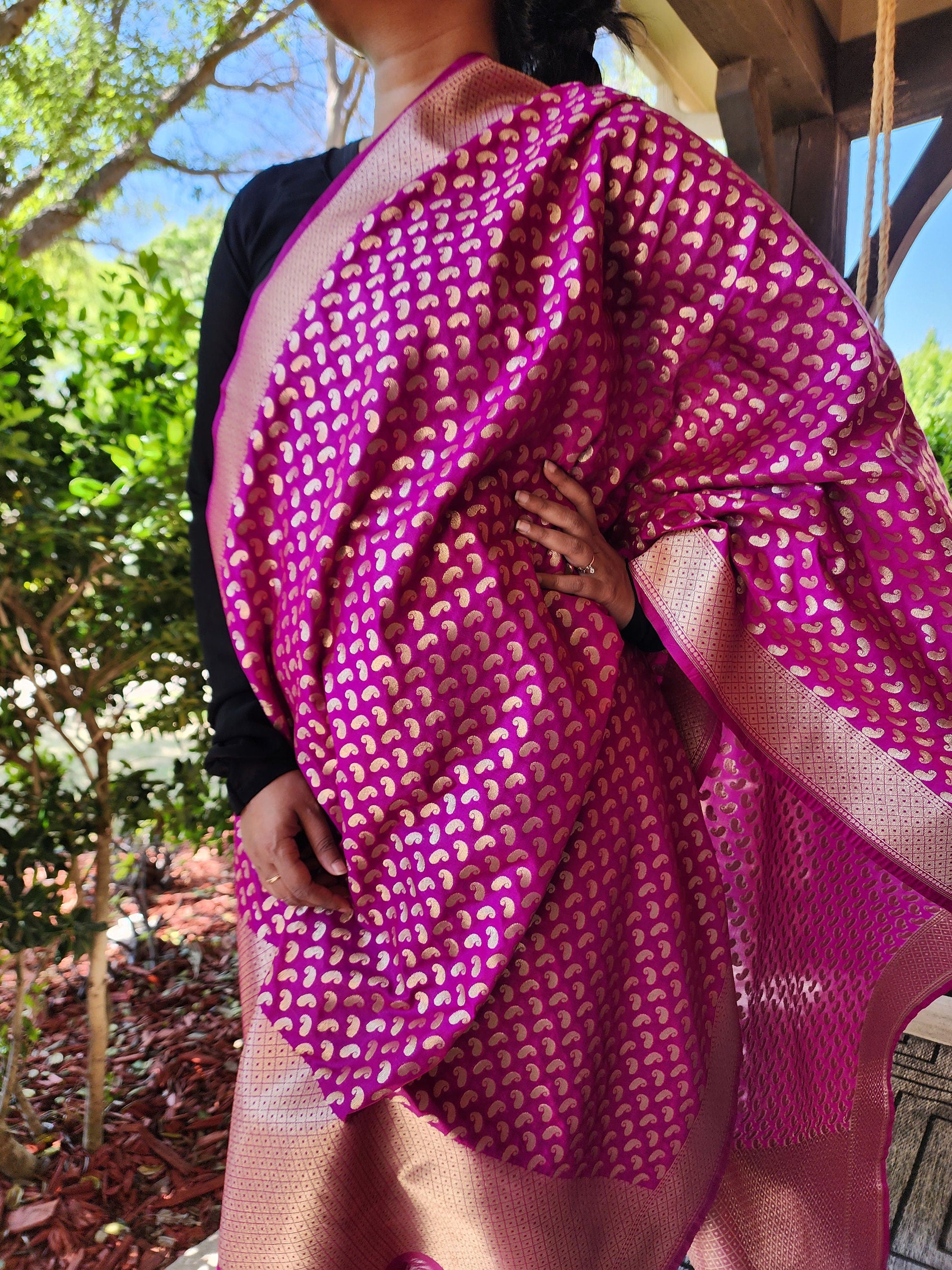 Purple Banarasi Silk Dupatta with Gold Kairi Motifs and Intricate Zari Border