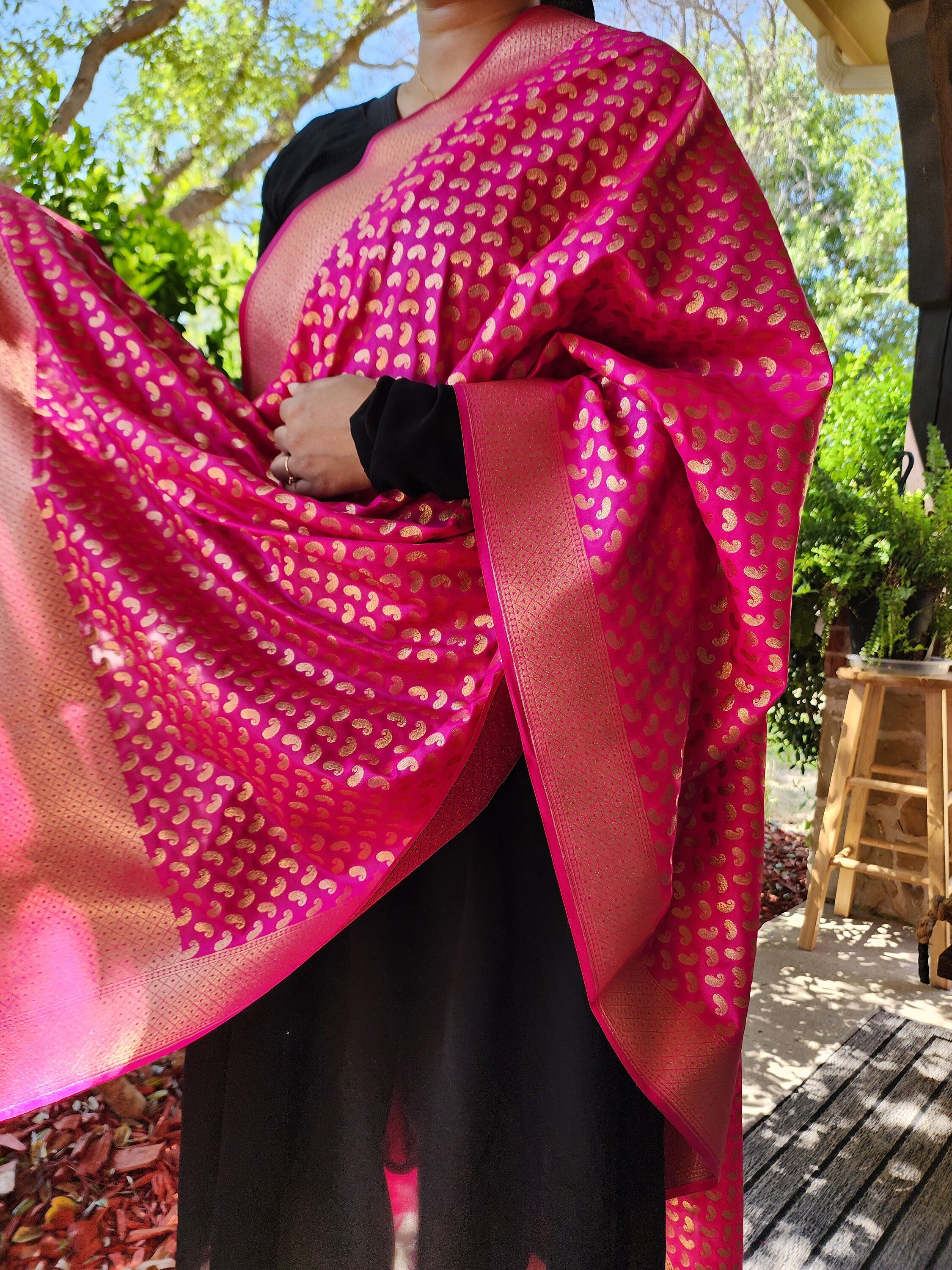 Rani Pink Banarasi Silk Dupatta with Gold Kairi Motifs and Intricate Zari Border