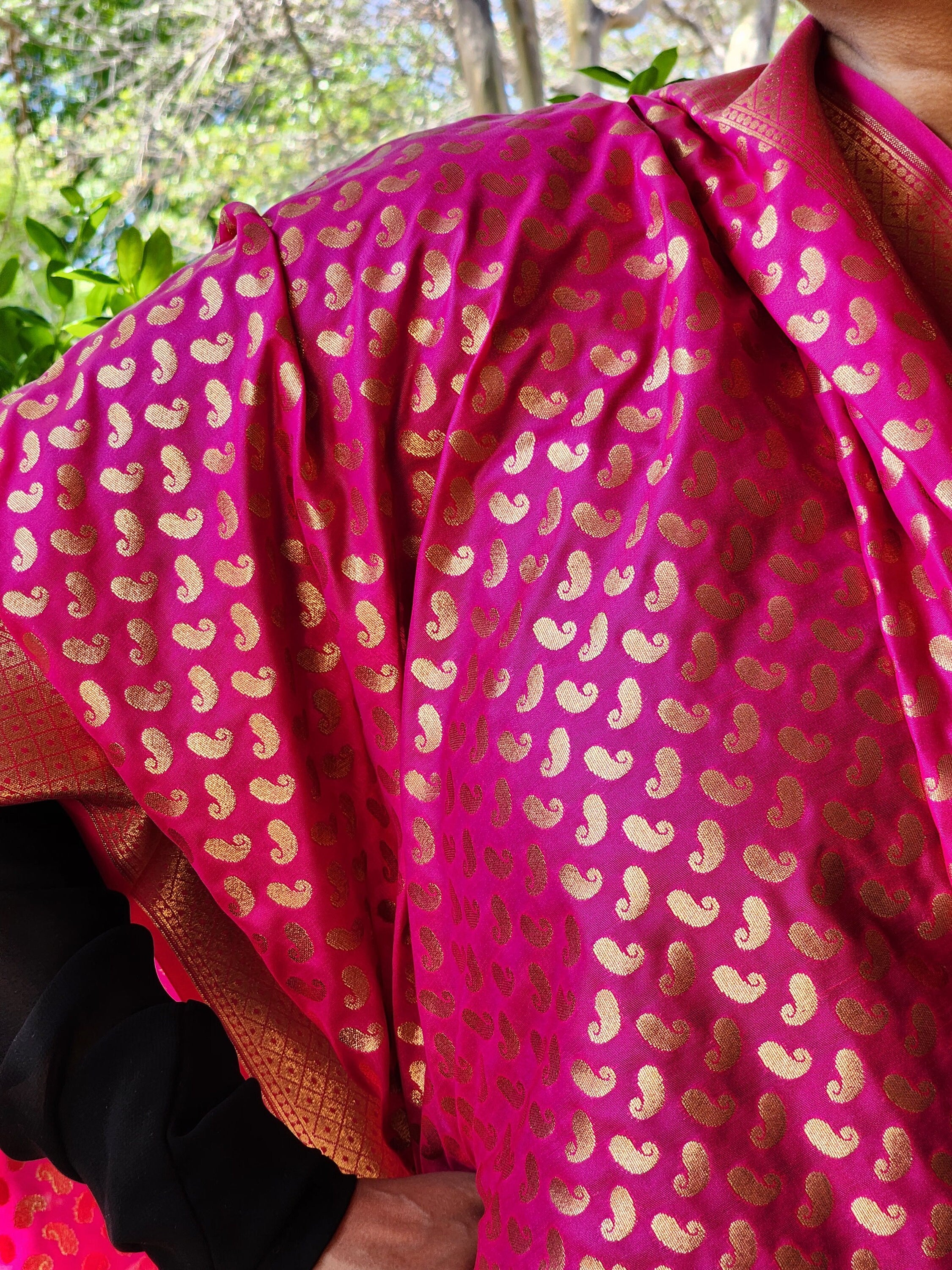 Rani Pink Banarasi Silk Dupatta with Gold Kairi Motifs and Intricate Zari Border