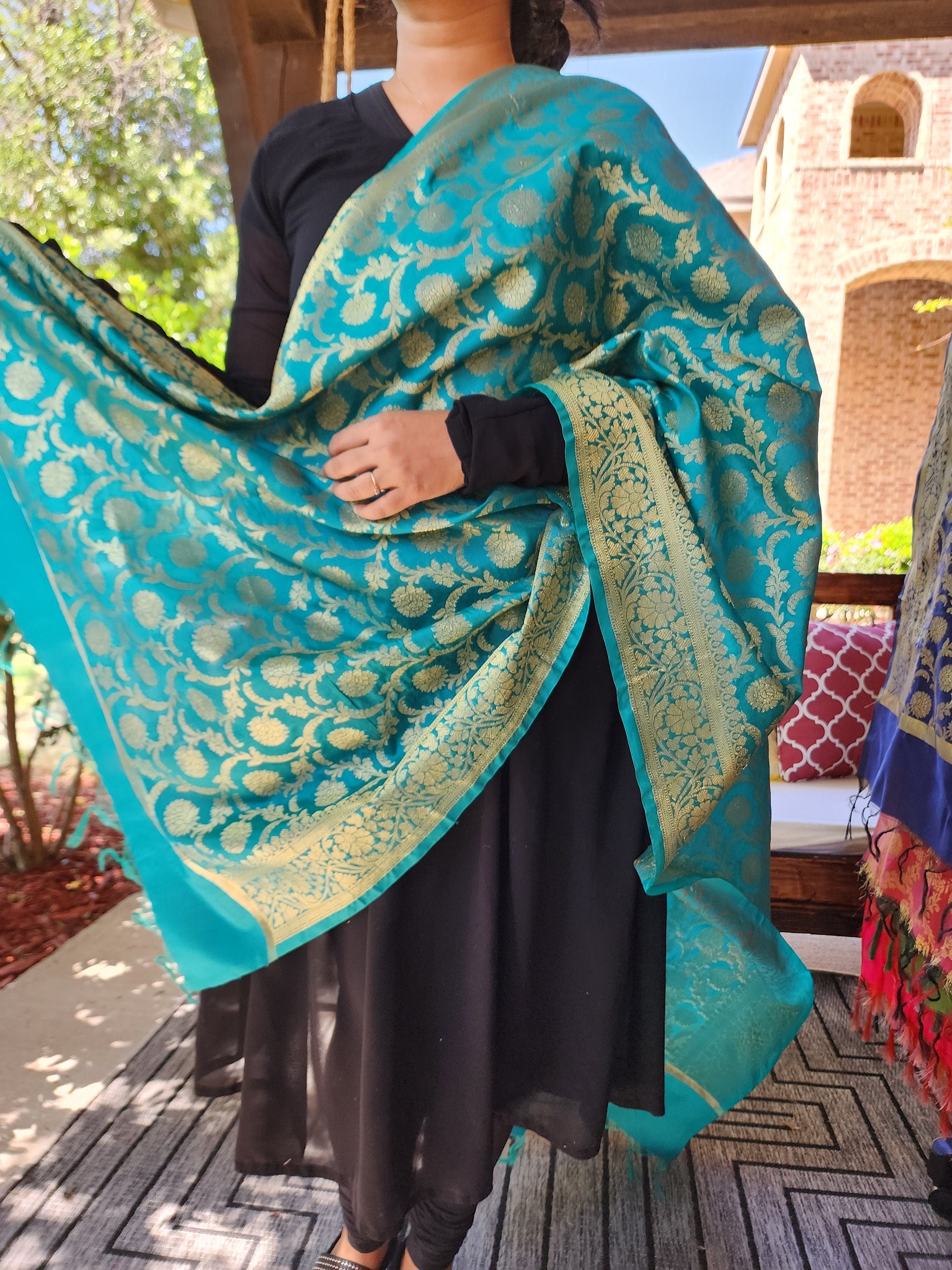 Banarasi Turquoise Green Silk Dupatta with Gold Weaving and Floral Border