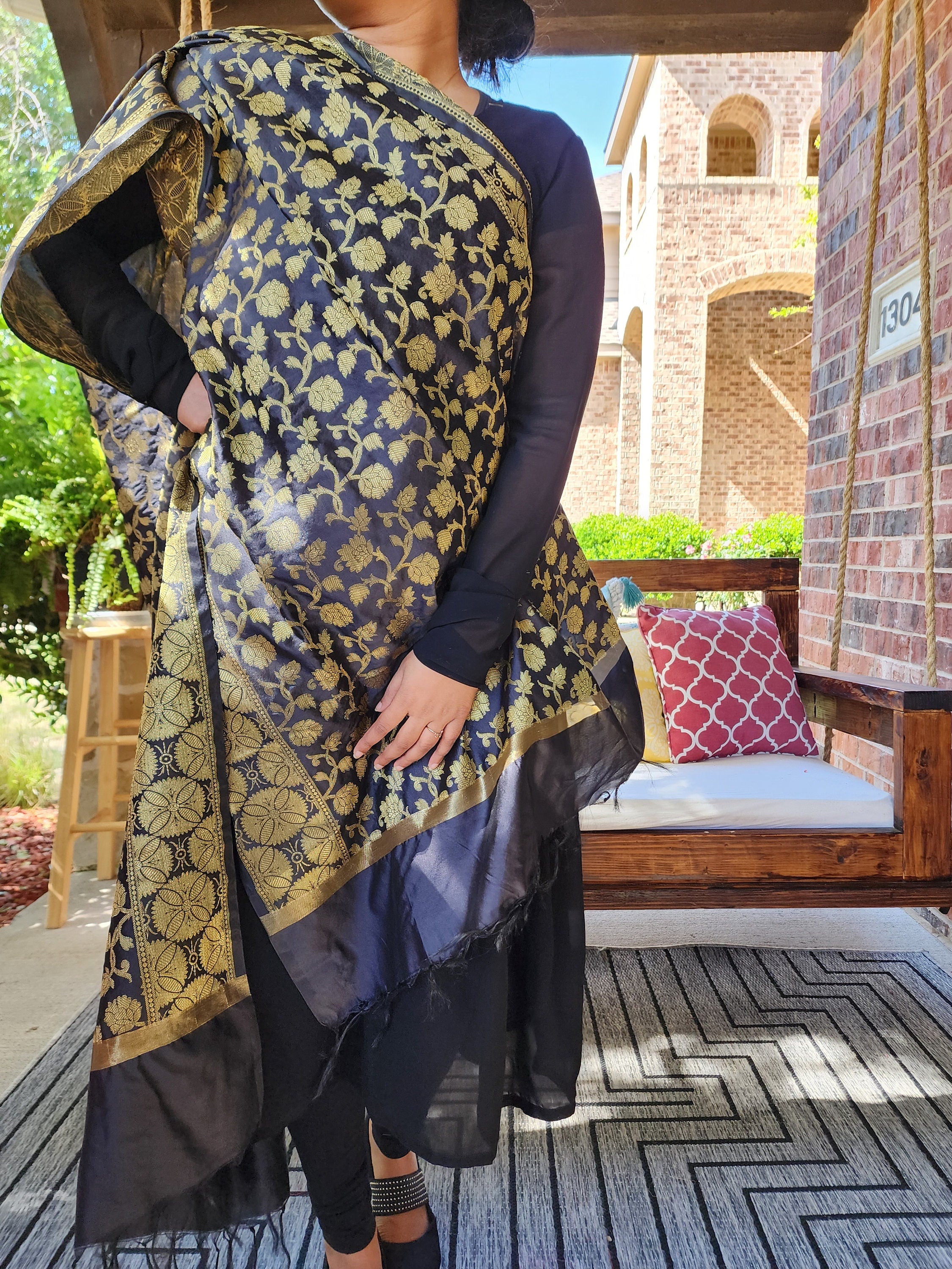 Banarasi Black Silk Dupatta with gold weaving