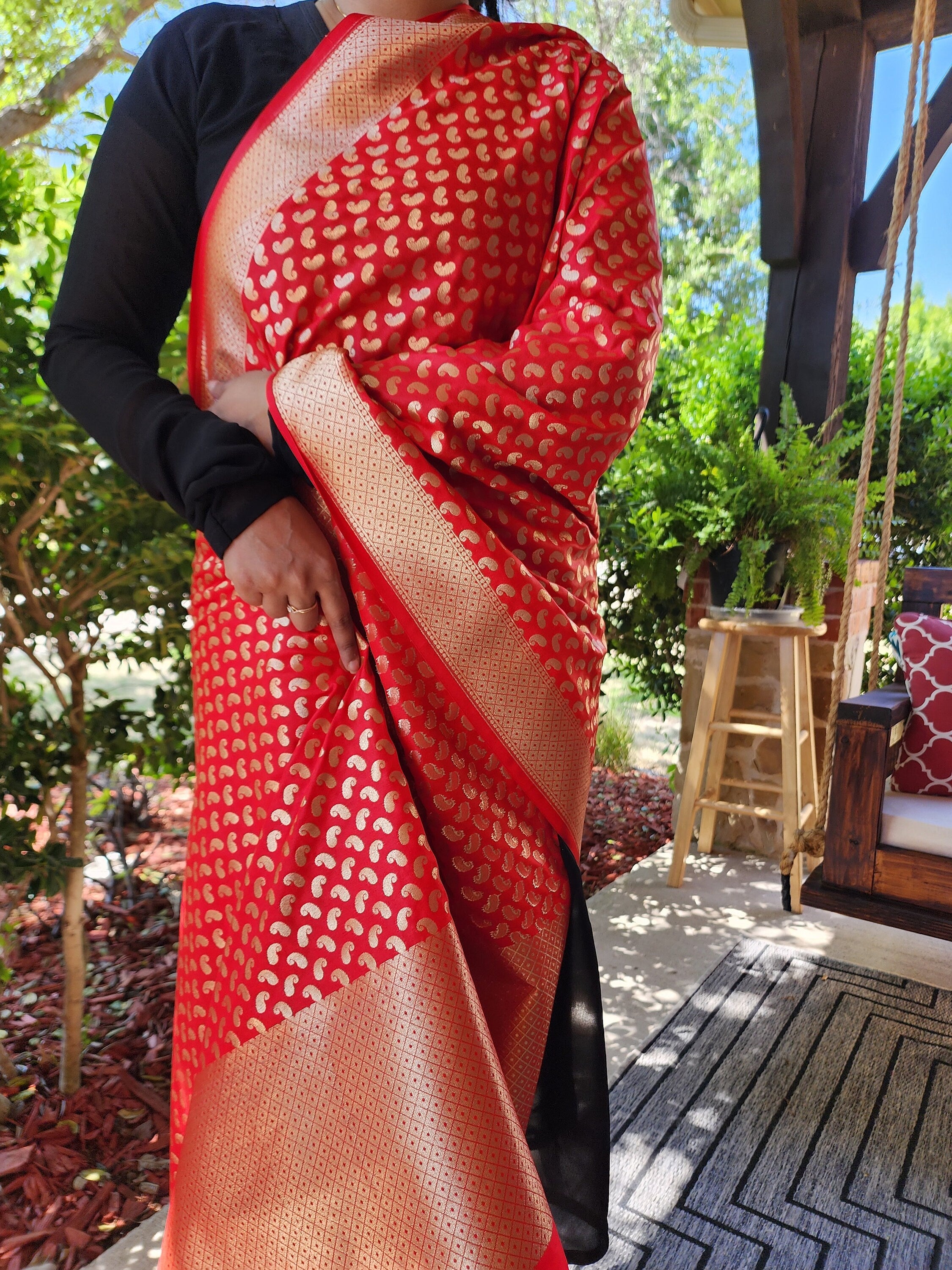 Red Banarasi Silk Dupatta with Gold Kairi Motifs and Intricate Zari Border