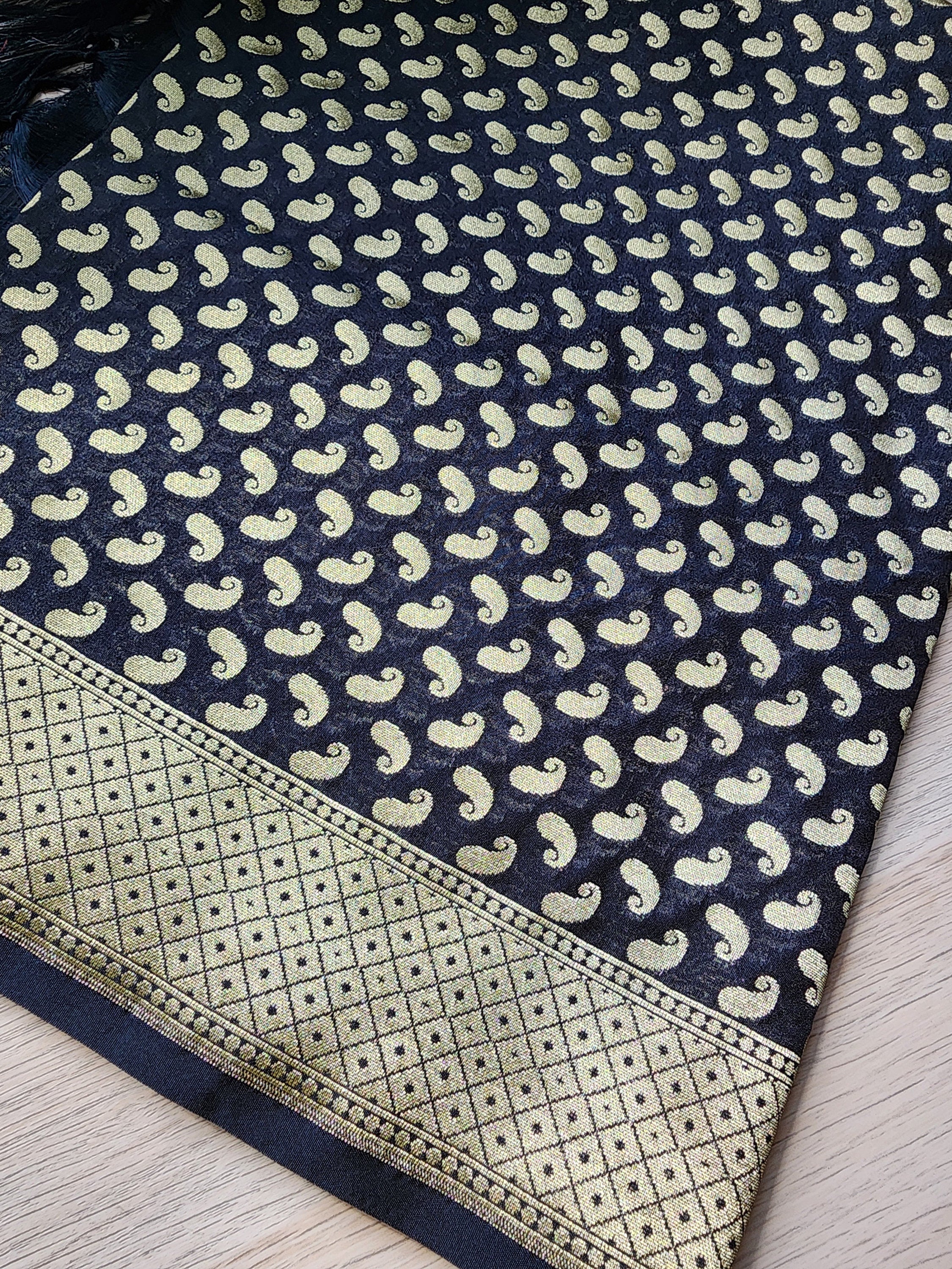 Black Banarasi Silk Dupatta with Gold Kairi Motifs and Intricate Zari Border
