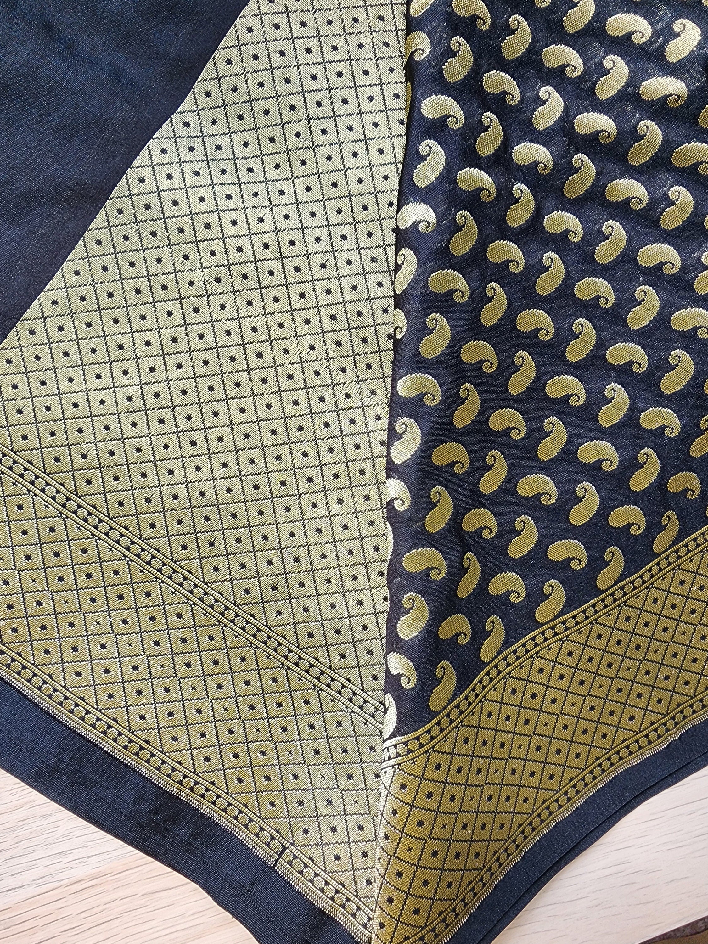 Black Banarasi Silk Dupatta with Gold Kairi Motifs and Intricate Zari Border