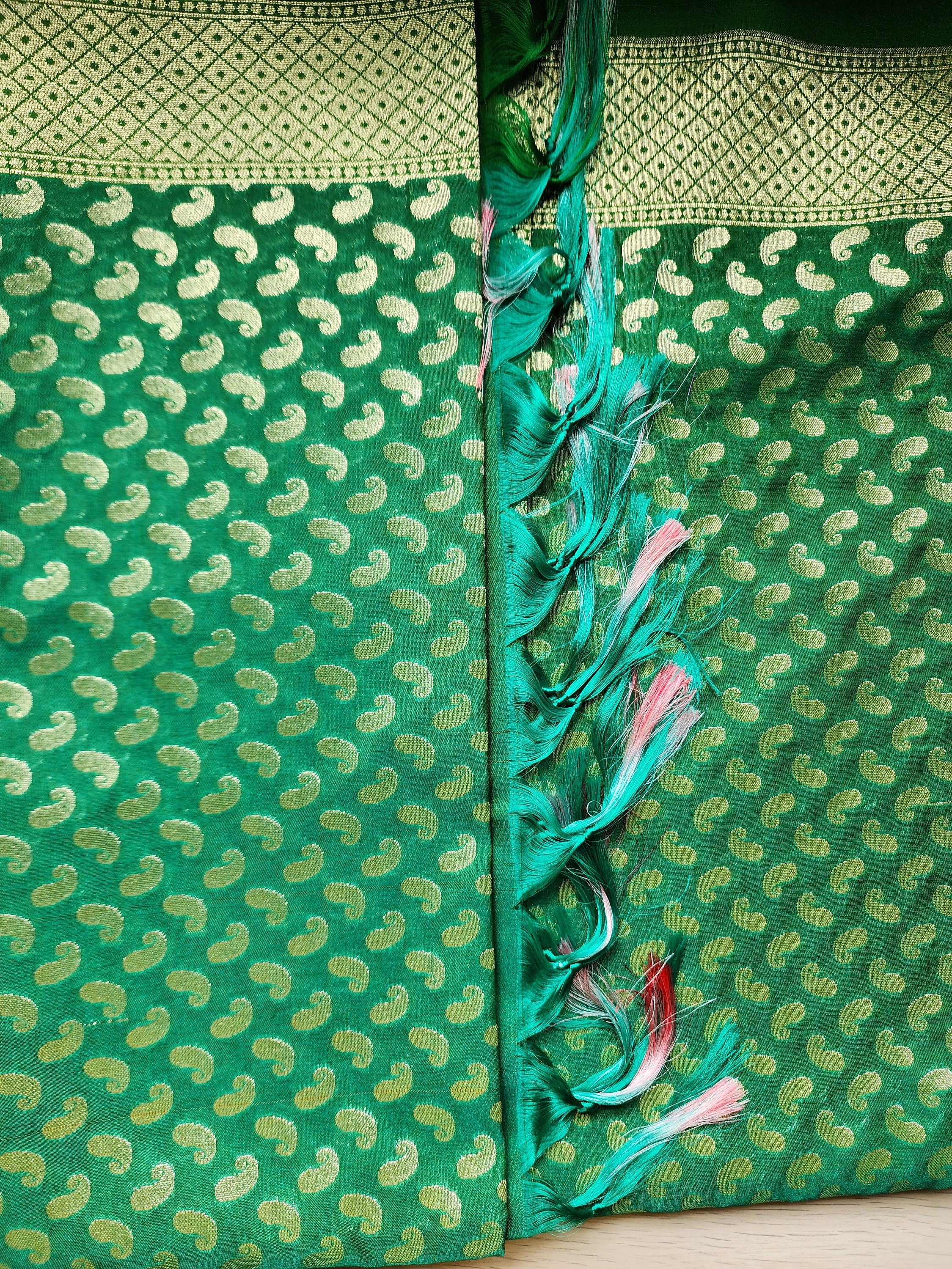 Forest Green Banarasi Silk Dupatta with Gold Kairi Motifs and Intricate Zari Border