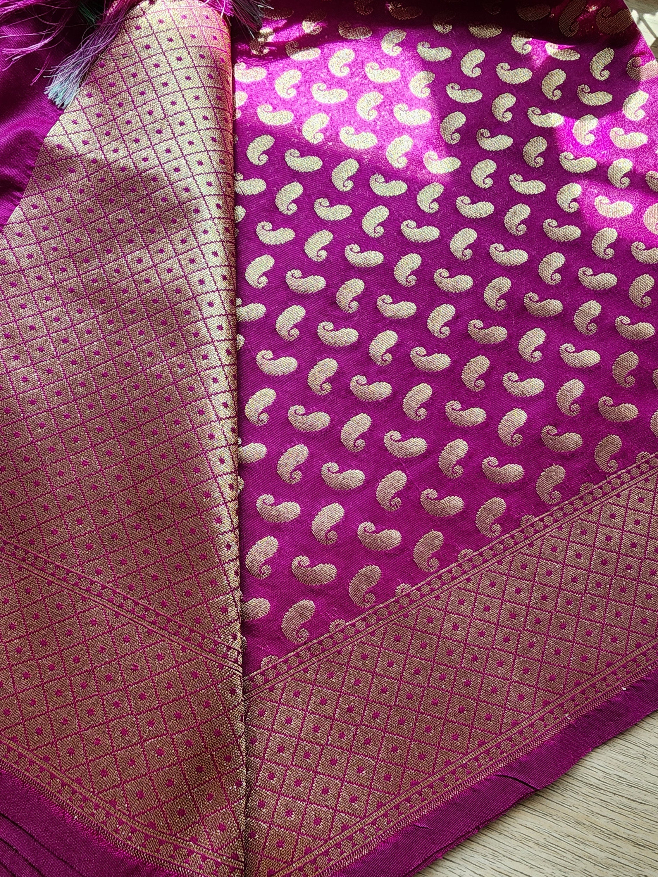 Purple Banarasi Silk Dupatta with Gold Kairi Motifs and Intricate Zari Border