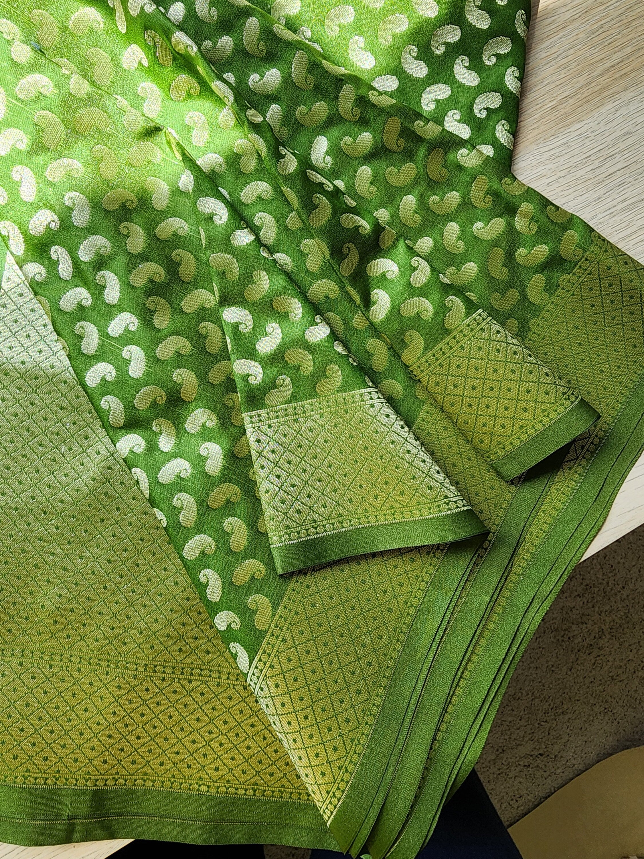 Light Green Banarasi Silk Dupatta with Gold Kairi Motifs and Intricate Zari Border