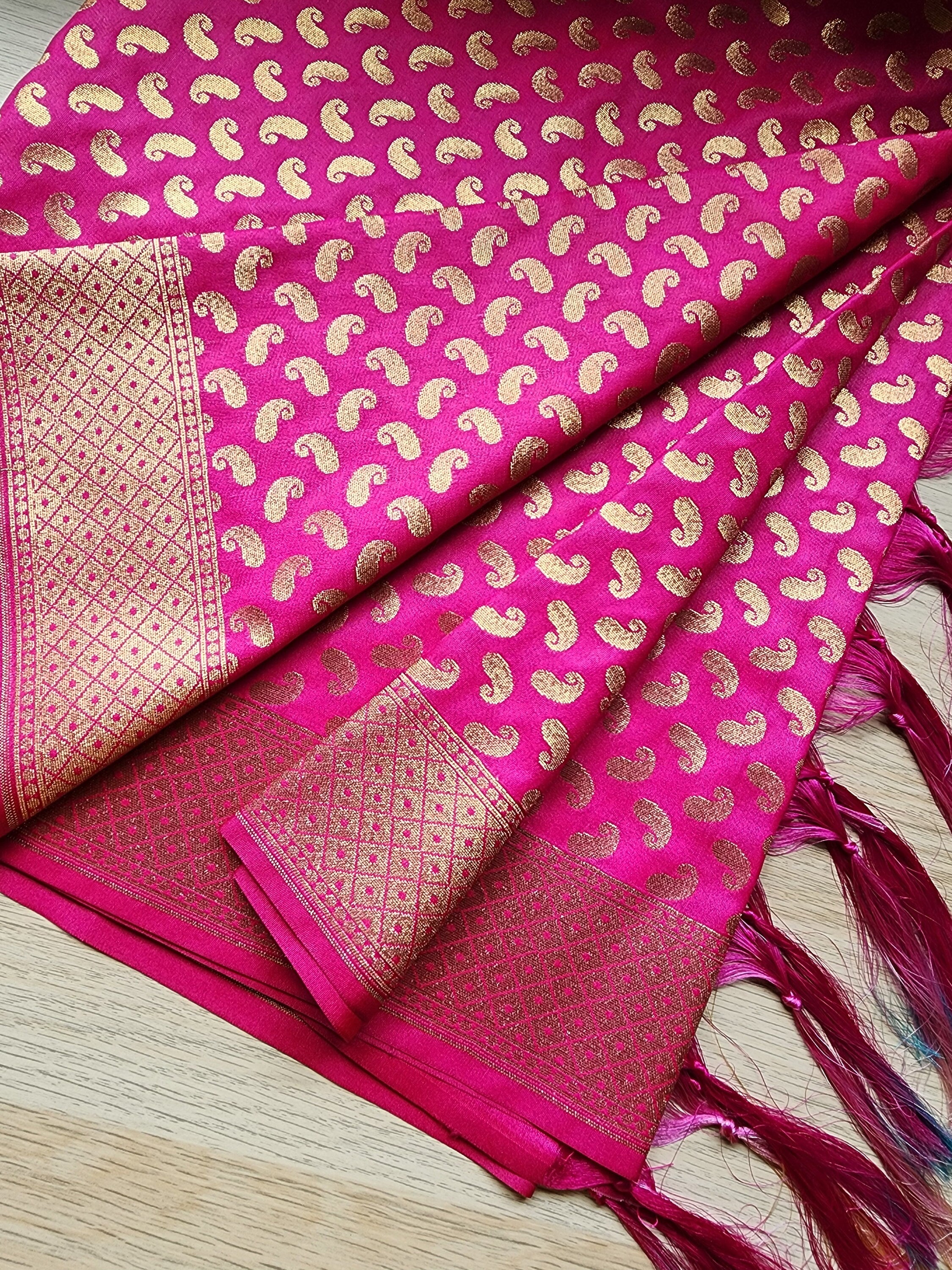 Rani Pink Banarasi Silk Dupatta with Gold Kairi Motifs and Intricate Zari Border