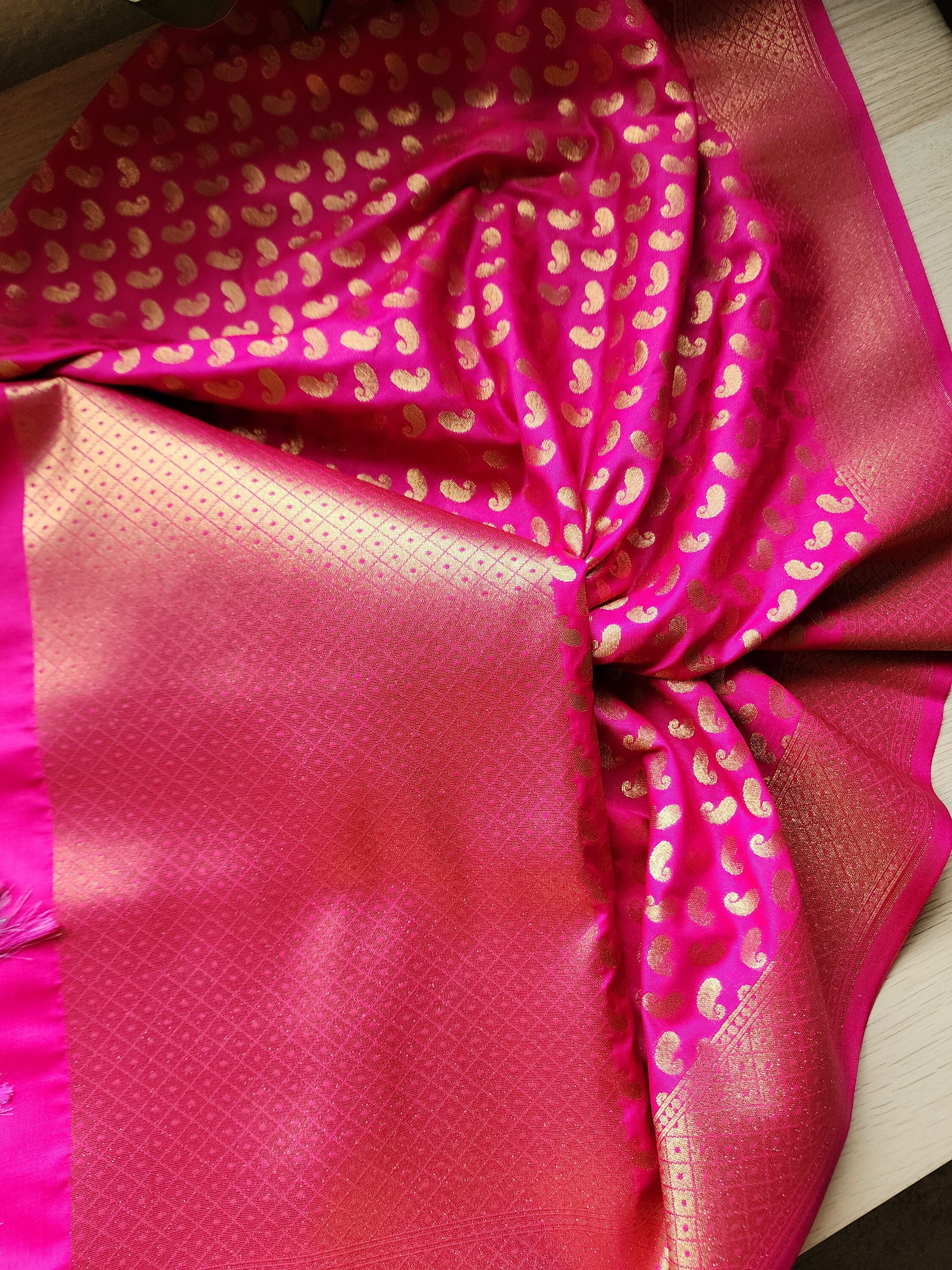 Rani Pink Banarasi Silk Dupatta with Gold Kairi Motifs and Intricate Zari Border