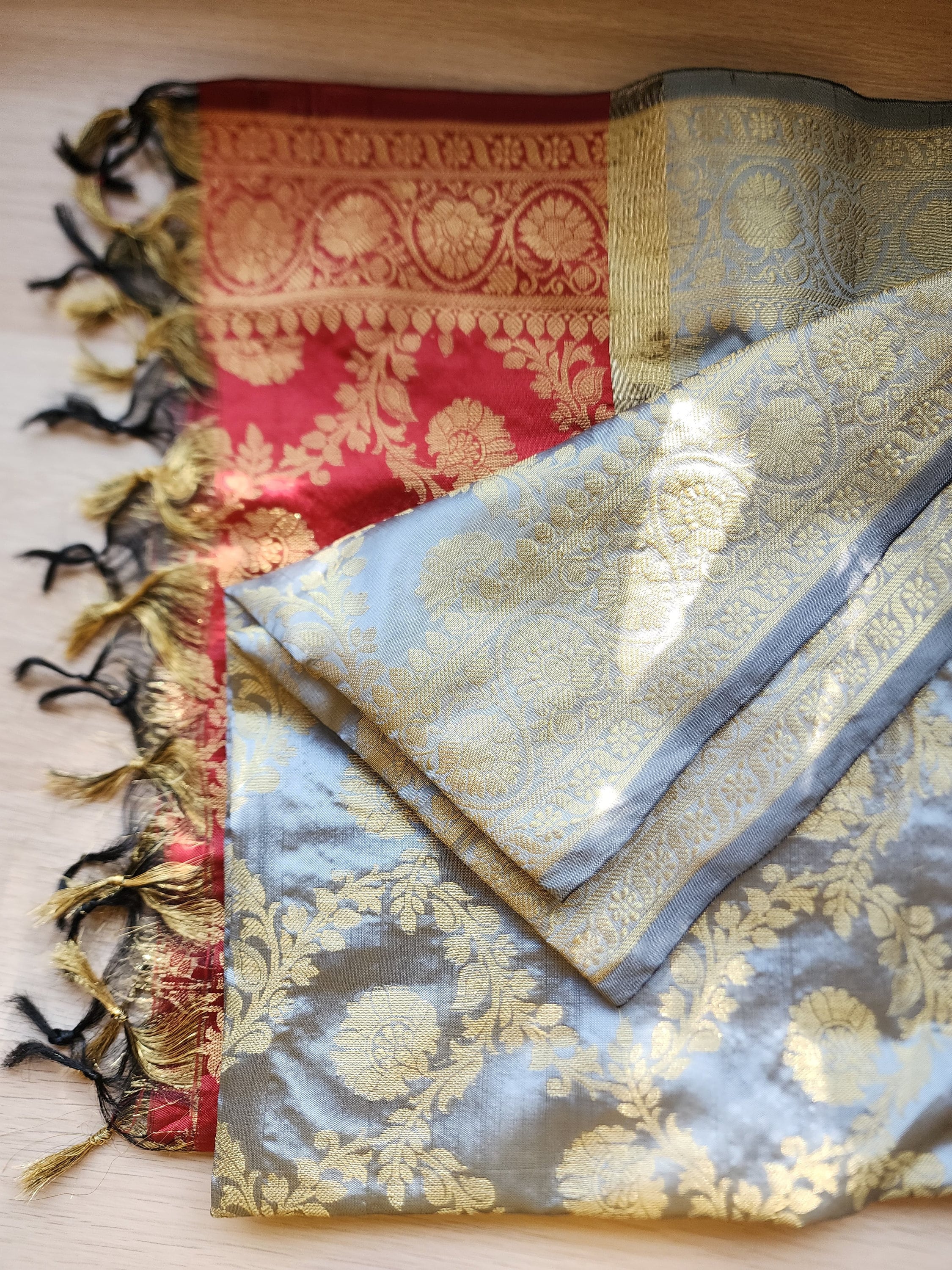 Banarasi Gray and Red Dual Color Silk Dupatta with gold weaving