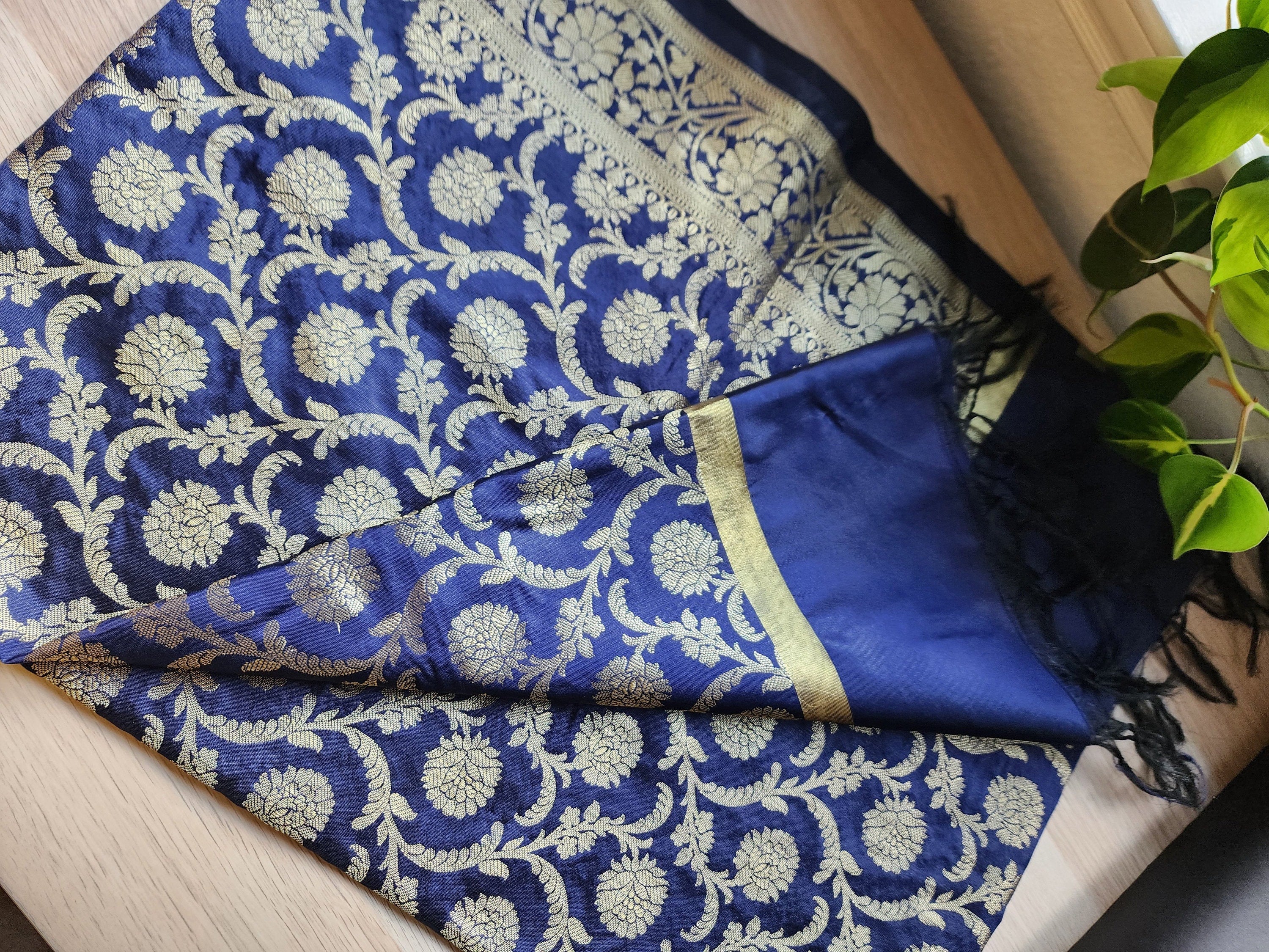 Banarasi Dark Gunmetal Gray Silk Dupatta with Gold Weaving and Floral Border
