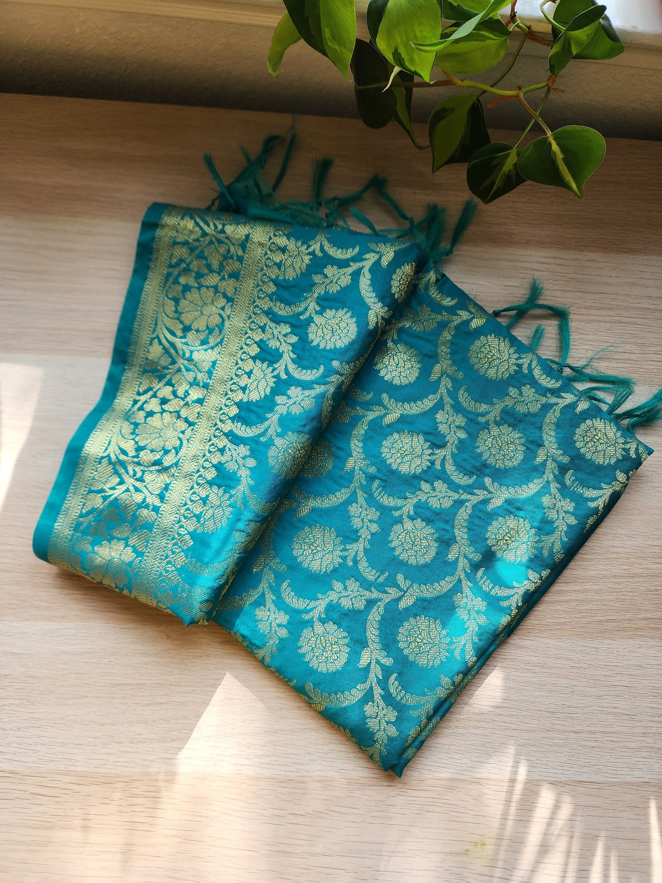 Banarasi Turquoise Green Silk Dupatta with Gold Weaving and Floral Border