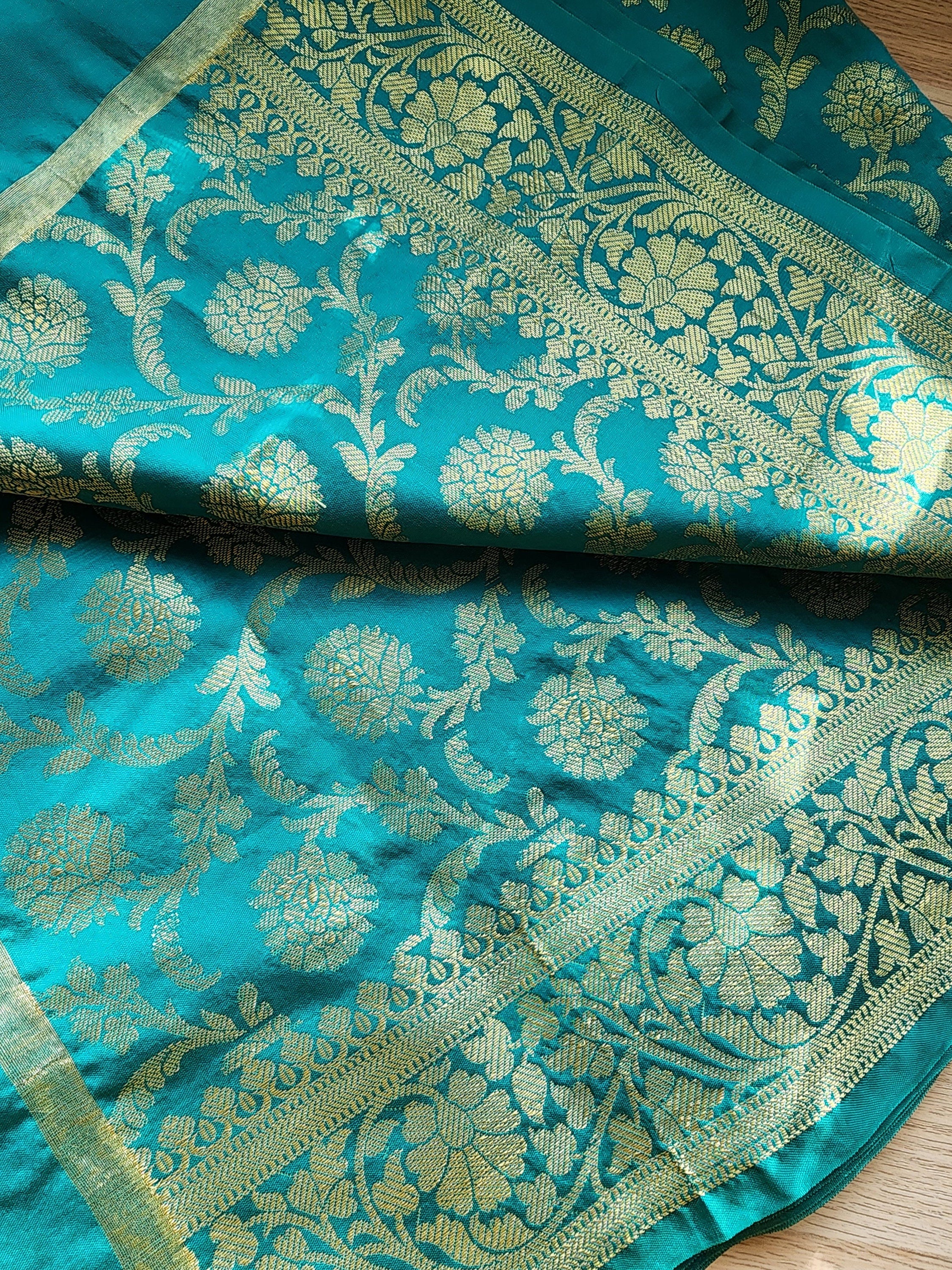 Banarasi Turquoise Green Silk Dupatta with Gold Weaving and Floral Border