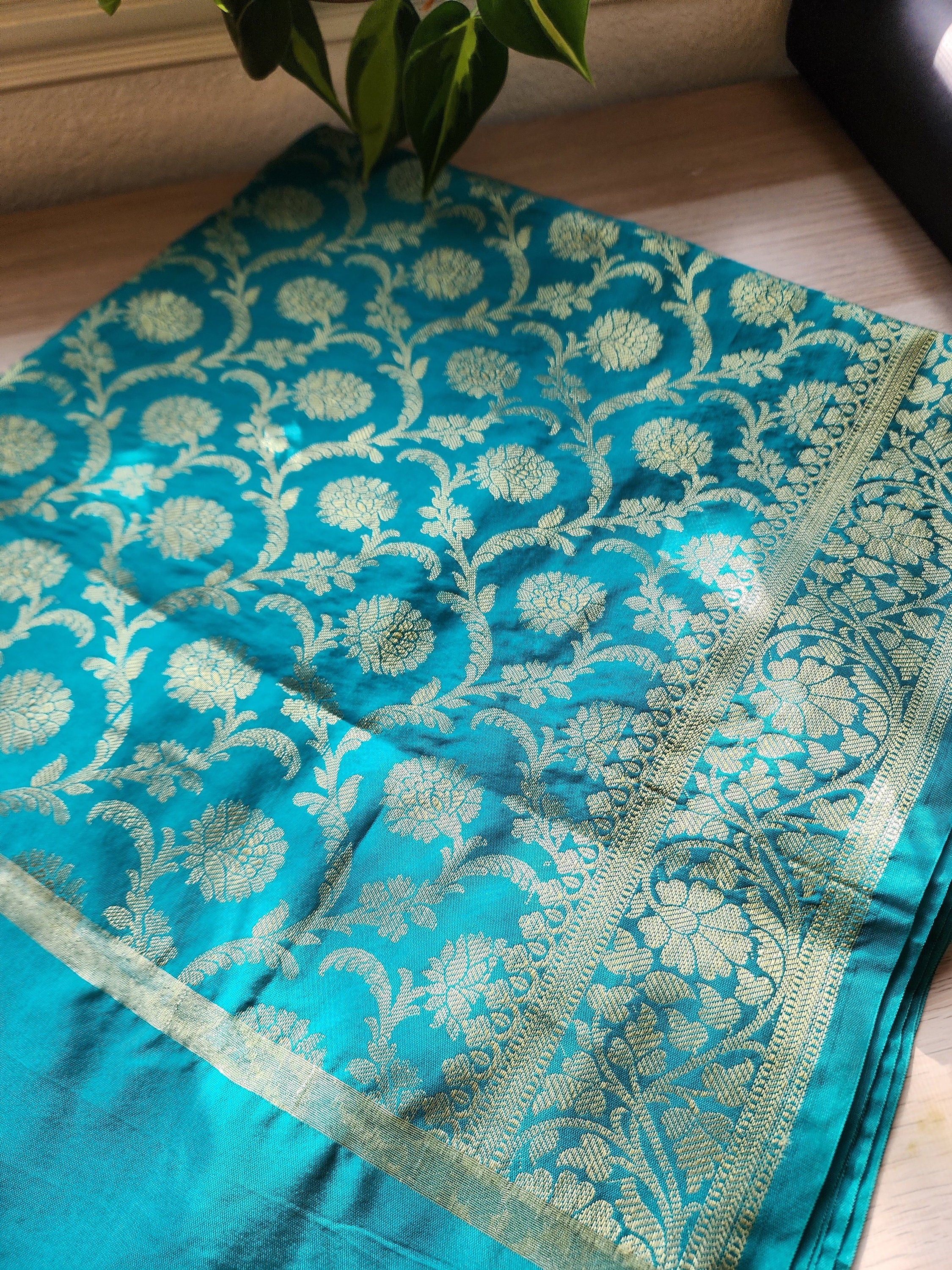 Banarasi Turquoise Green Silk Dupatta with Gold Weaving and Floral Border