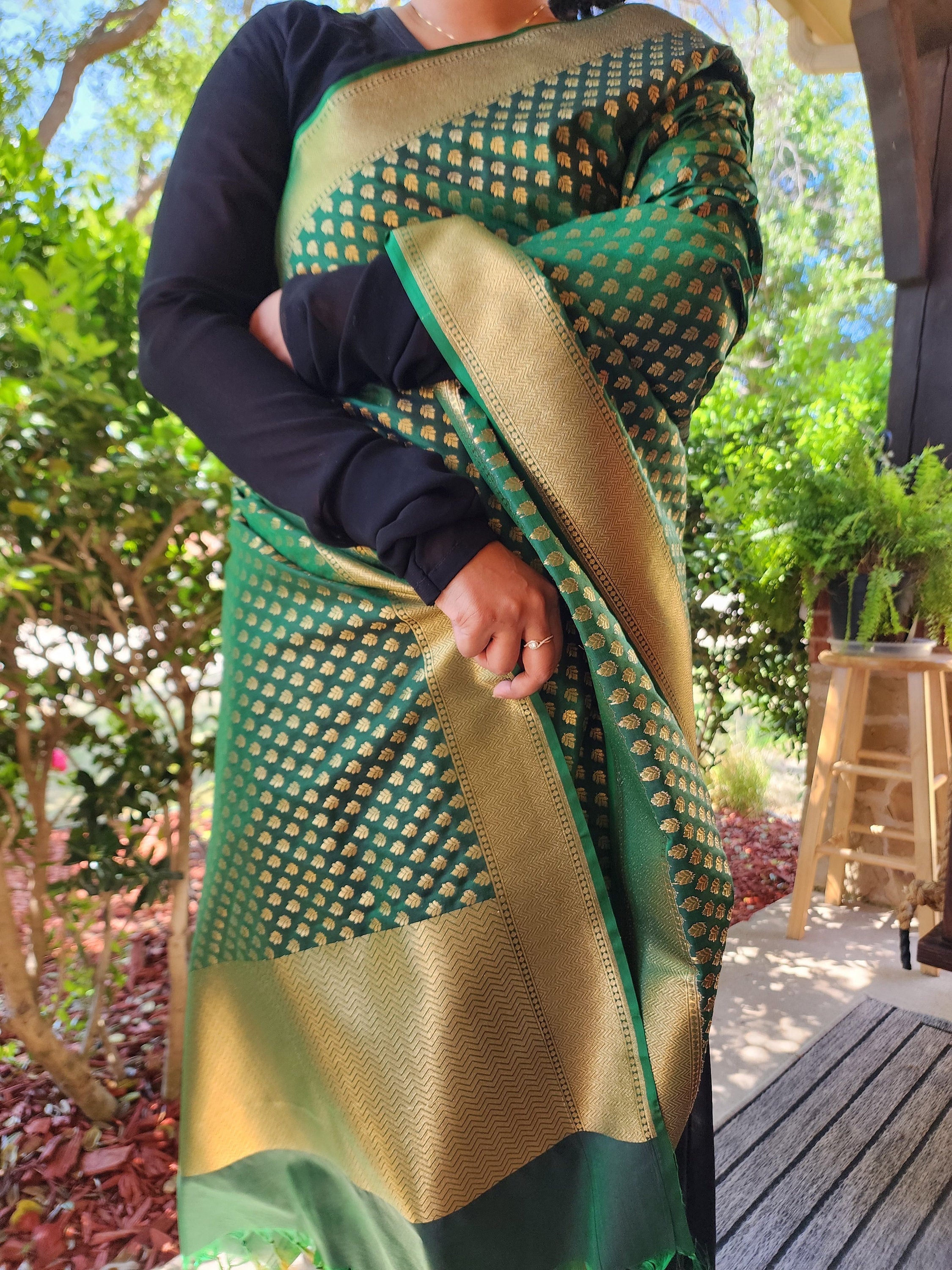 Banarasi Silk Dark Green Dupatta with gold handweaving