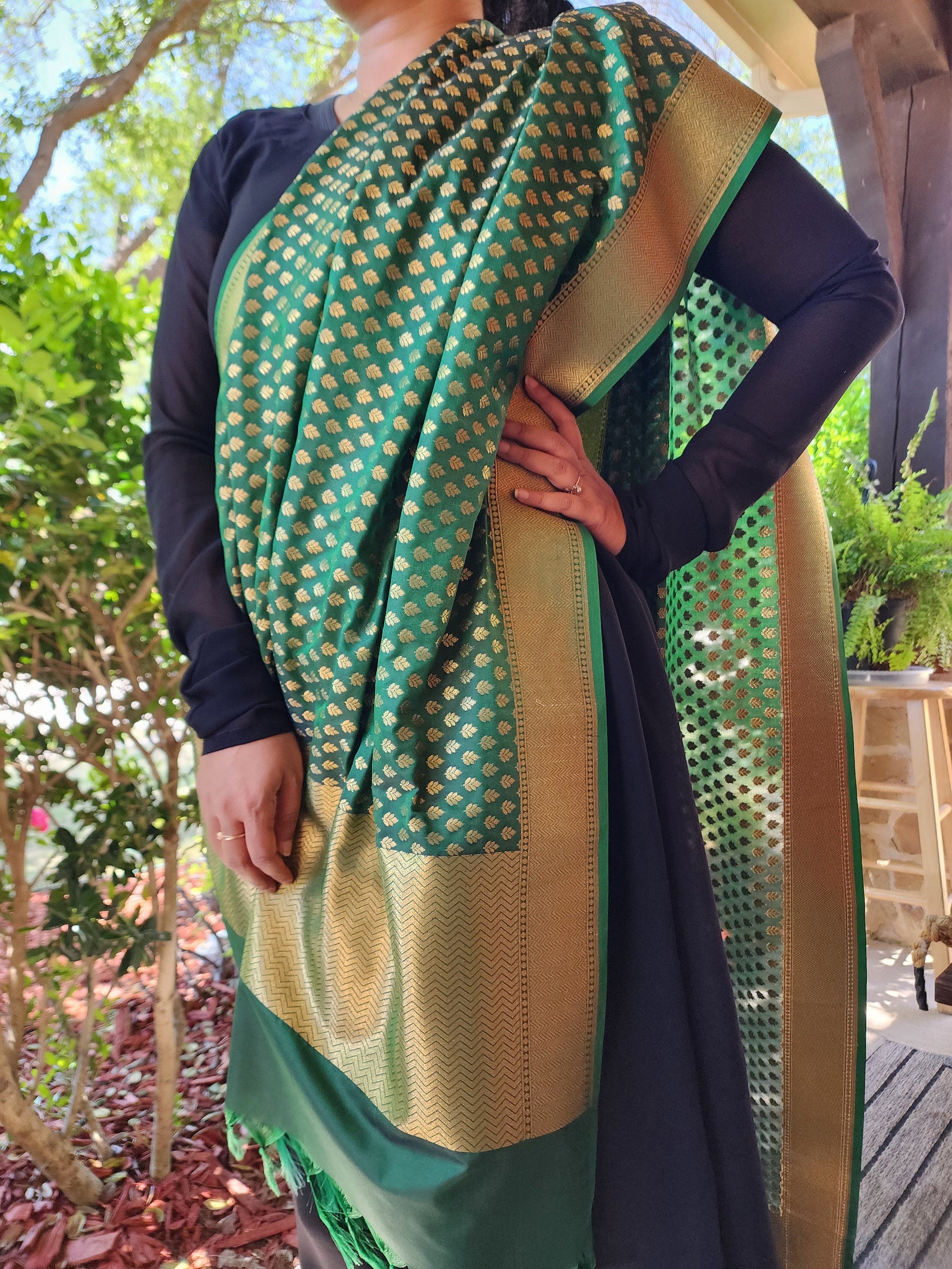Banarasi Silk Dark Green Dupatta with gold handweaving