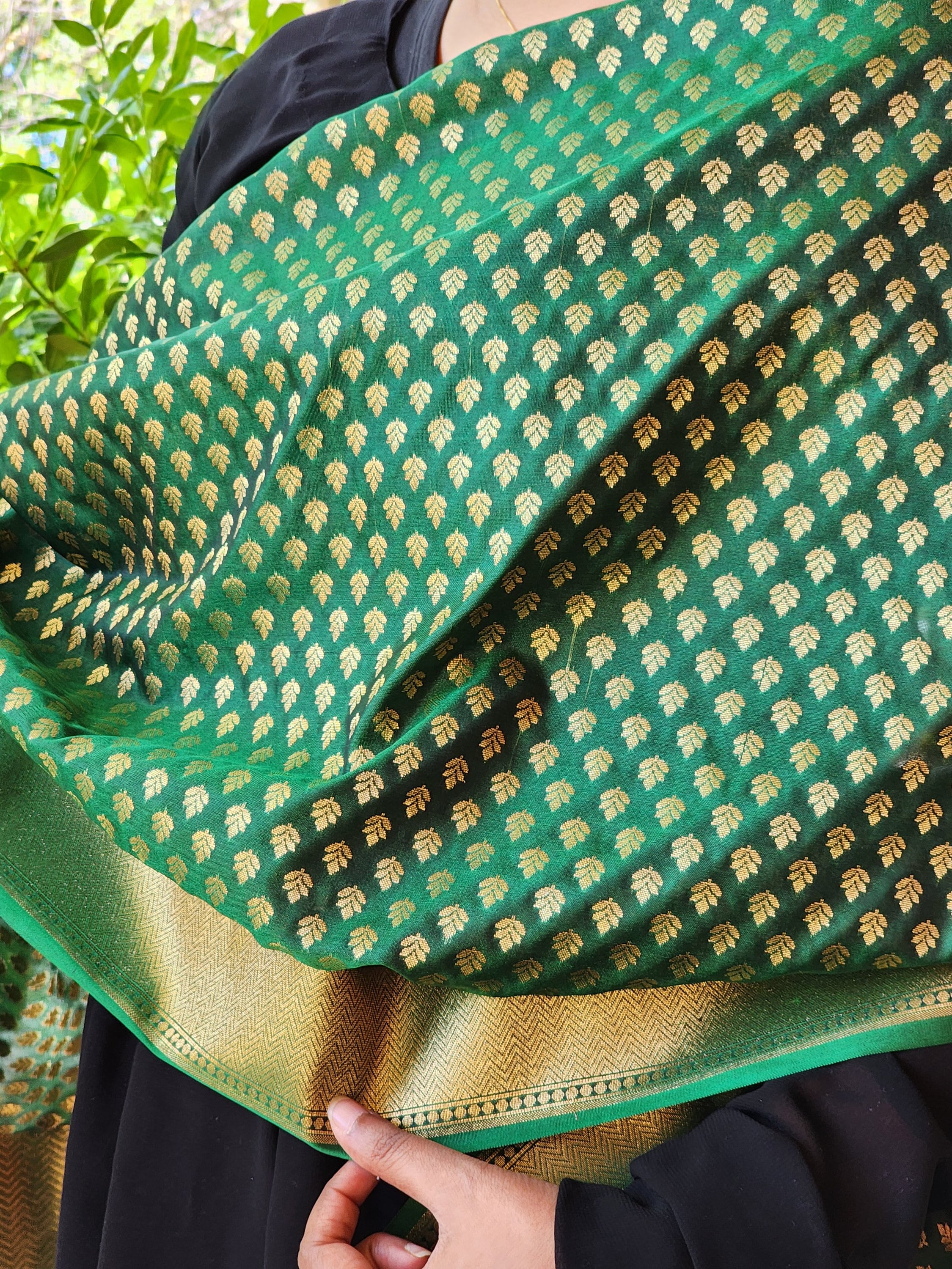 Banarasi Silk Dark Green Dupatta with gold handweaving