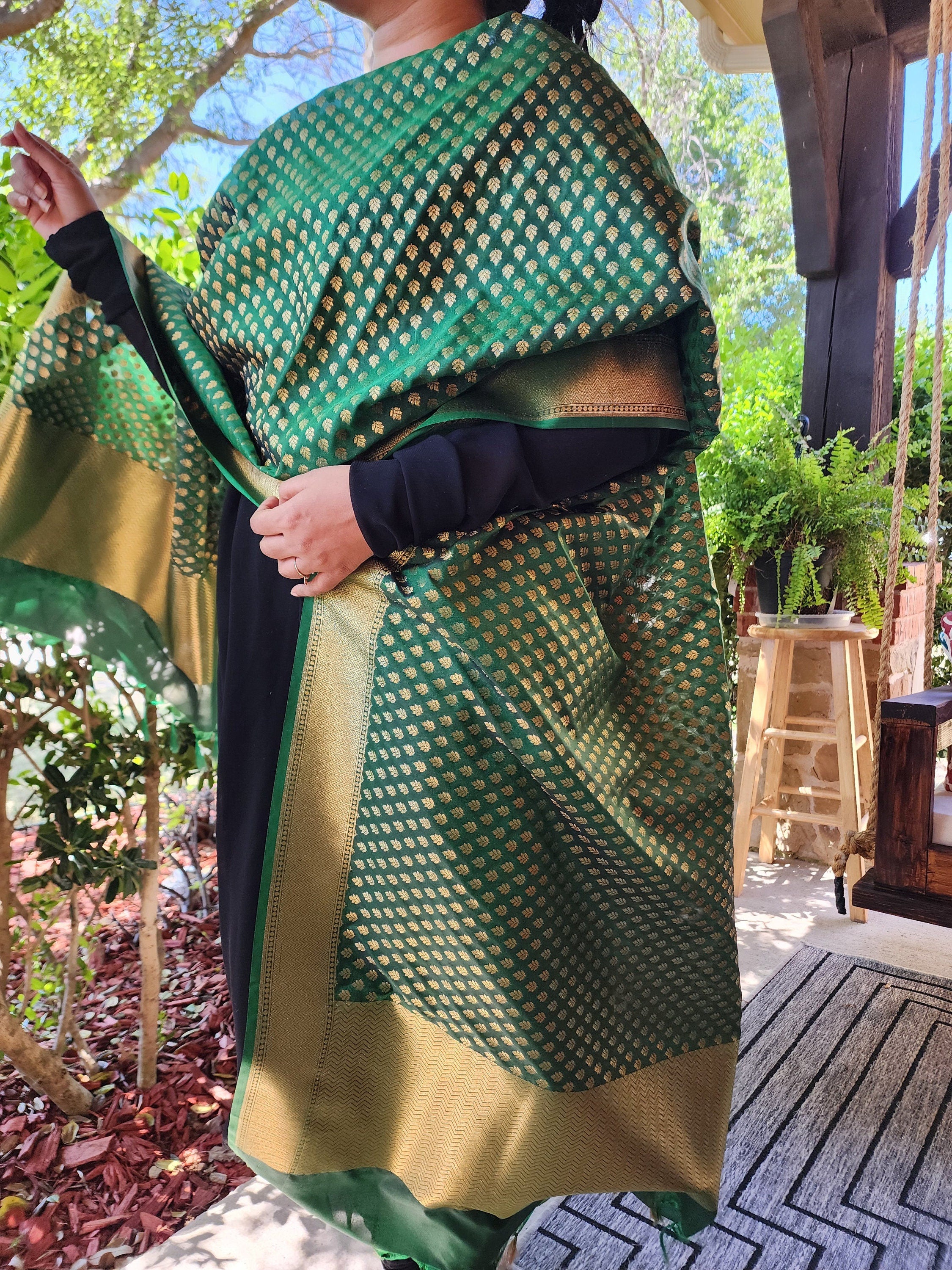 Banarasi Silk Dark Green Dupatta with gold handweaving