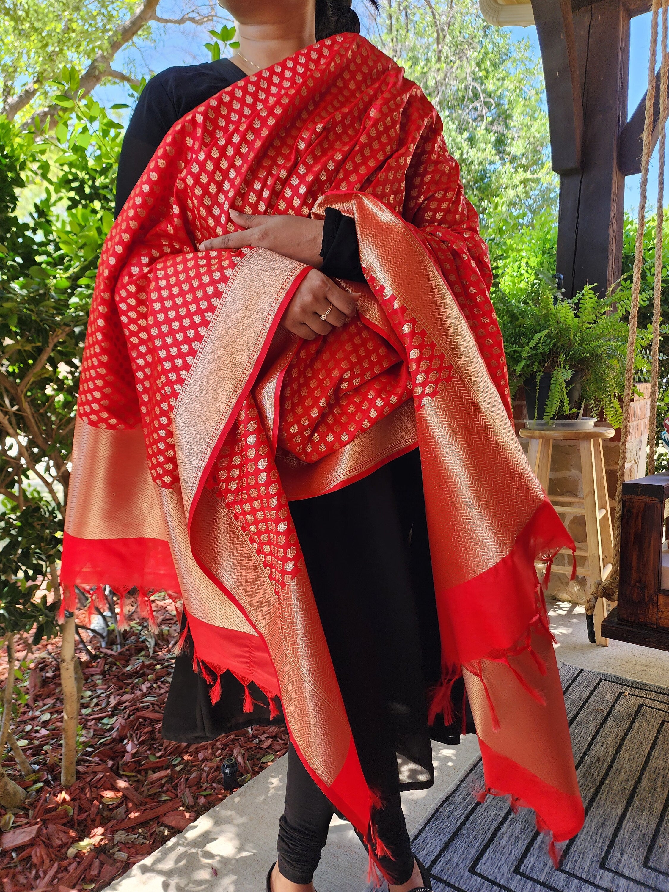 Banarasi Silk Red Color Dupatta with gold handweaving