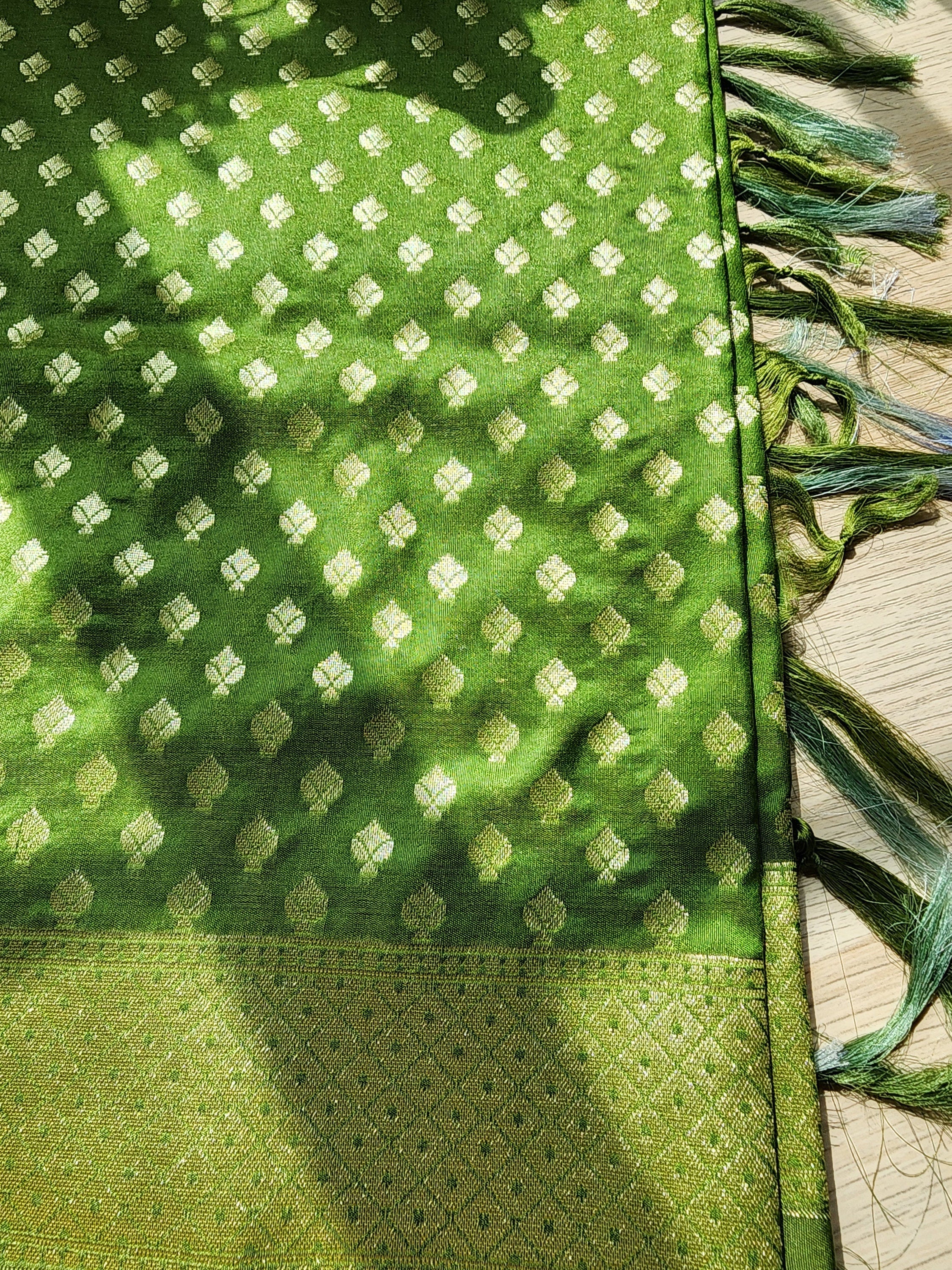 Light Green Banarasi Silk Dupatta with Gold Leaf Motifs and Intricate Zari Border