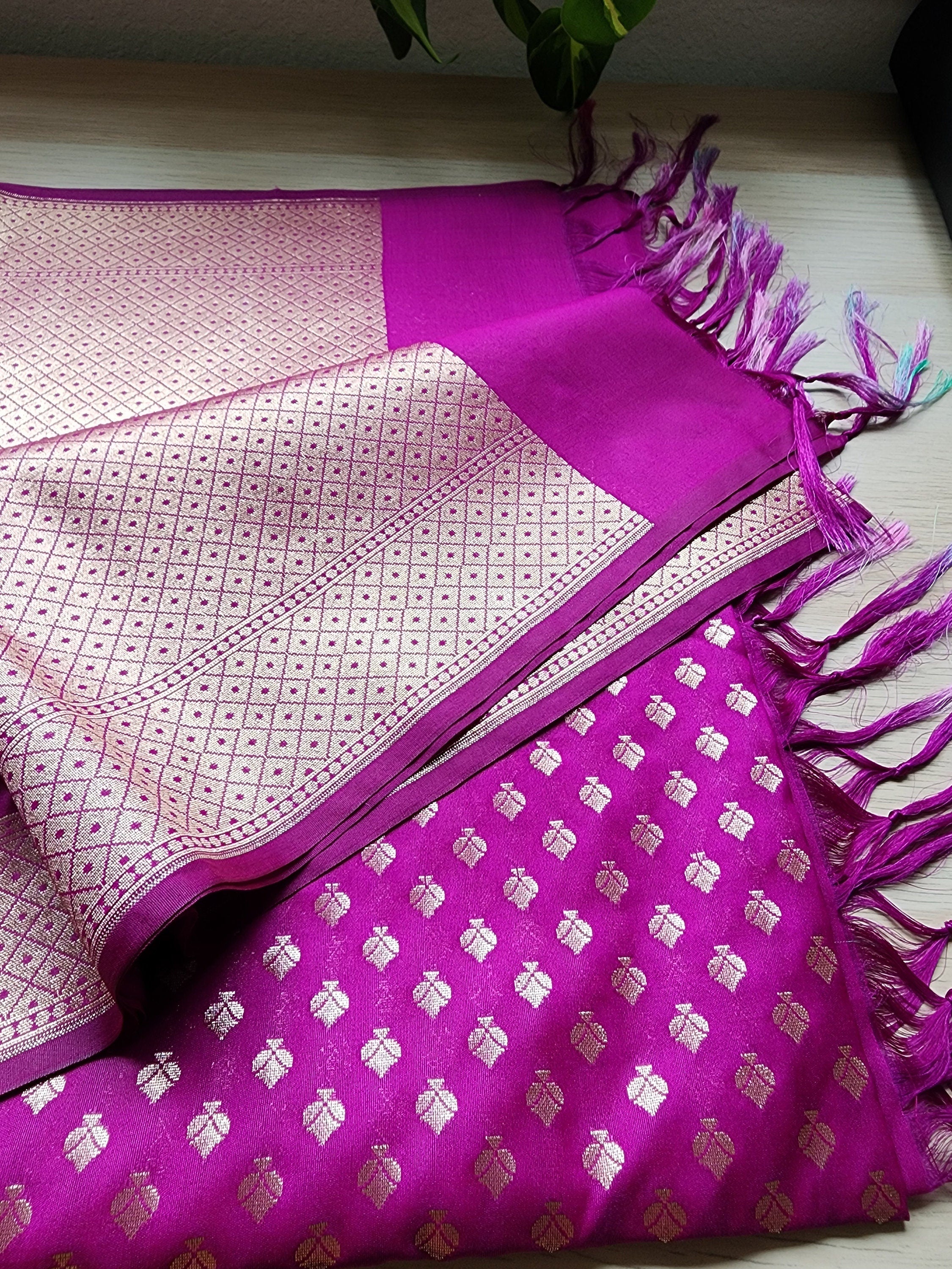Purple Banarasi Silk Dupatta with Gold Leaf Motifs and Intricate Zari Border