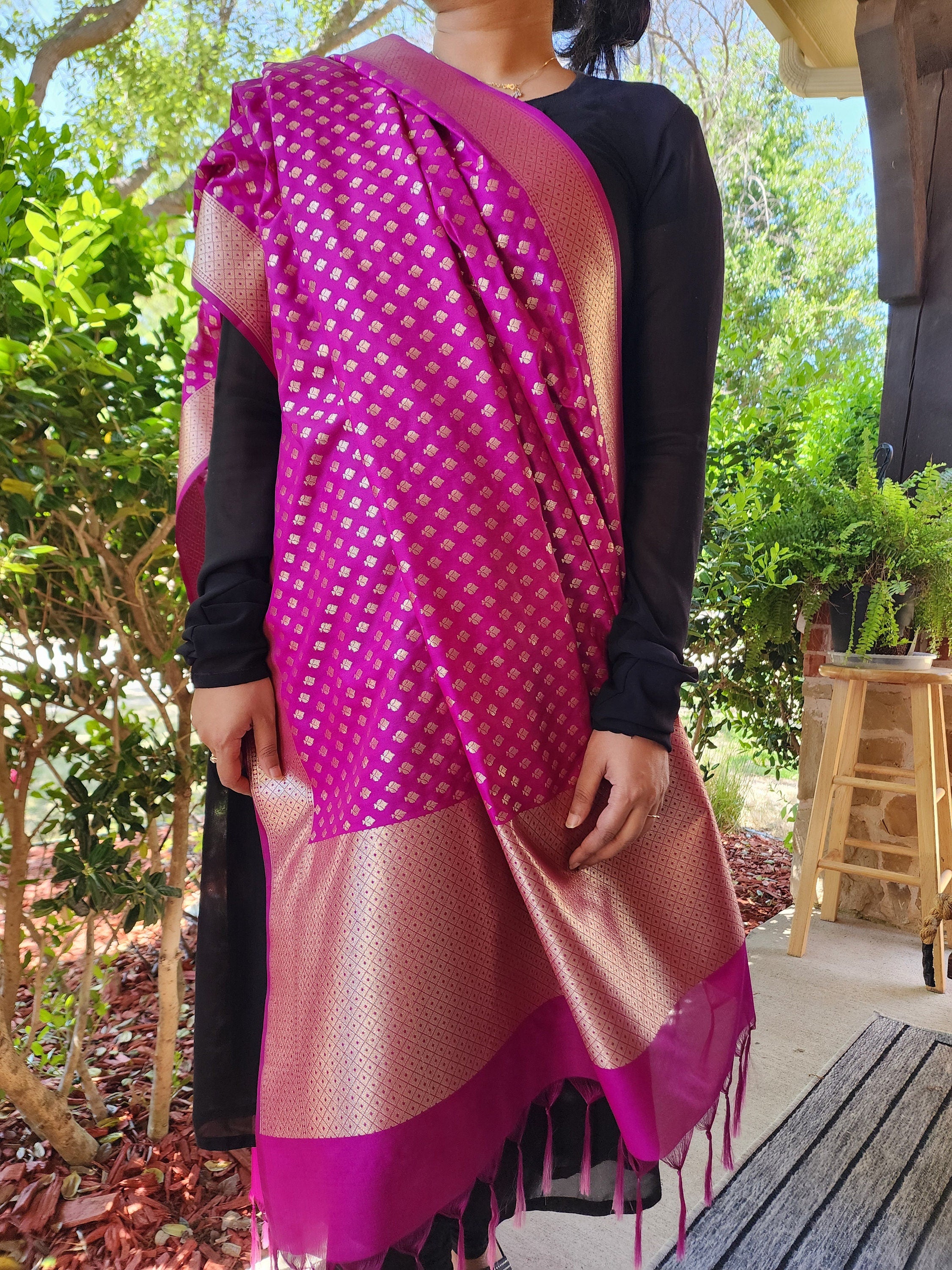 Purple Banarasi Silk Dupatta with Gold Leaf Motifs and Intricate Zari Border
