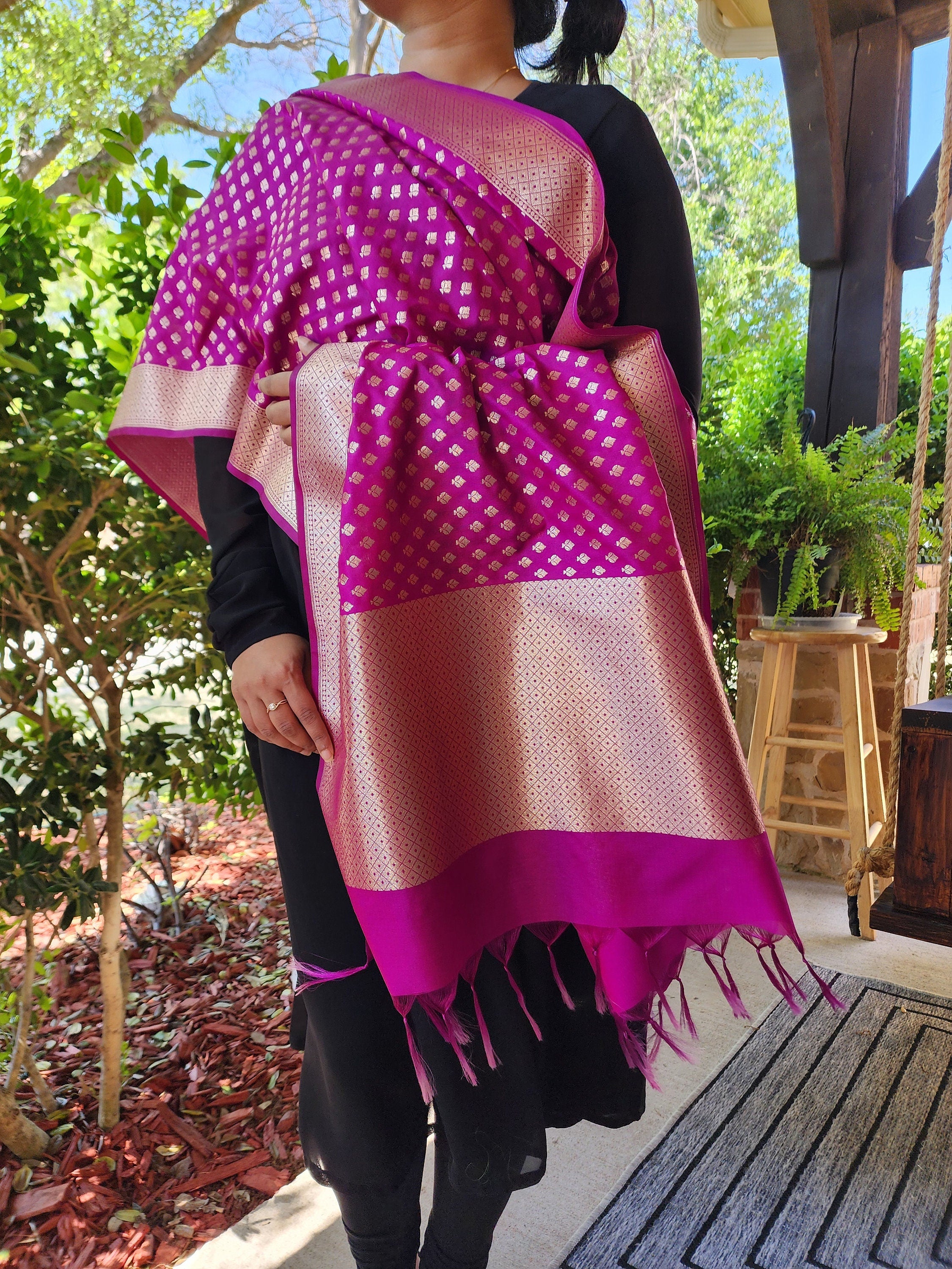 Purple Banarasi Silk Dupatta with Gold Leaf Motifs and Intricate Zari Border
