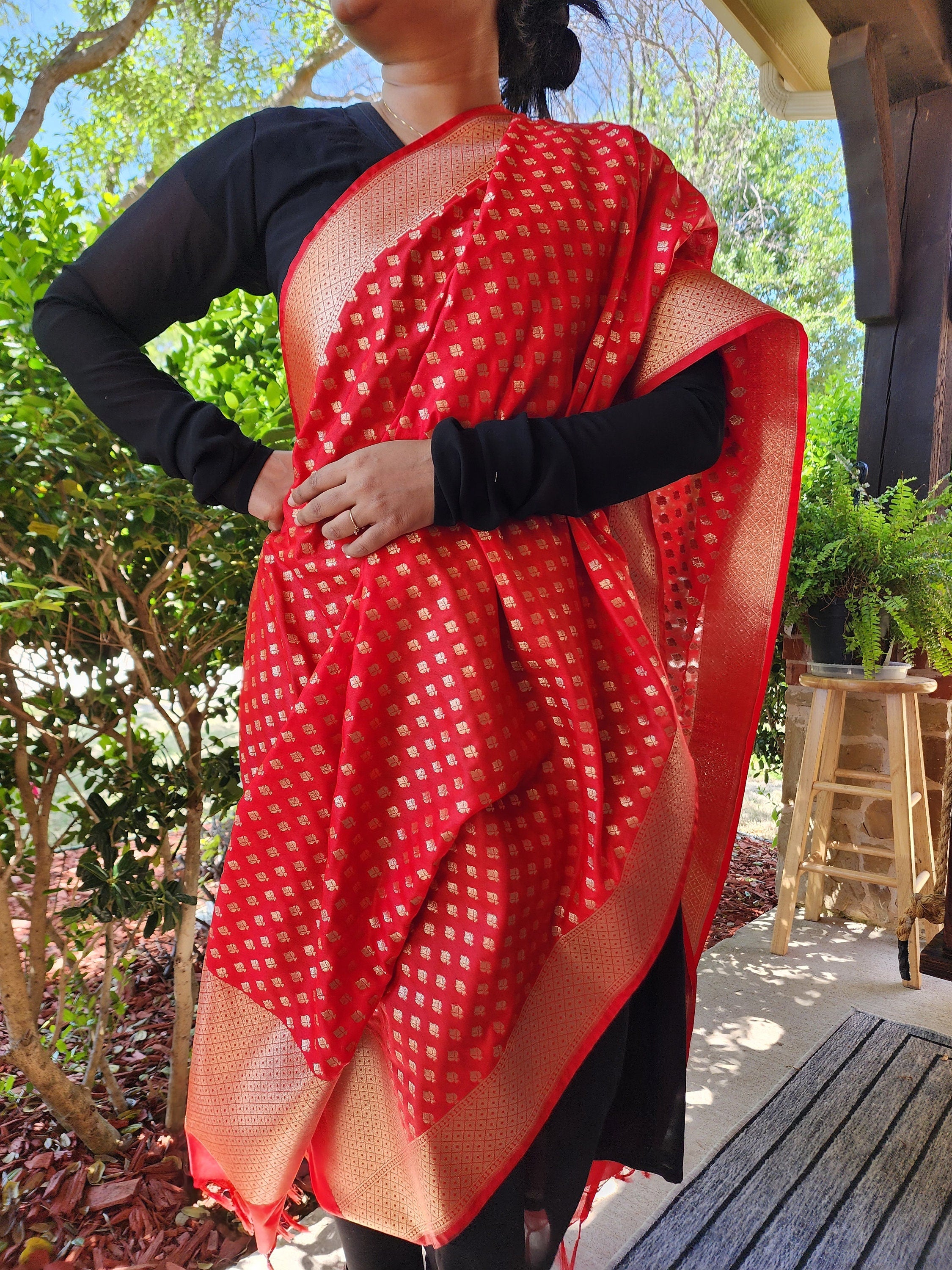 Banarasi Silk Red Color Dupatta with gold handweaving