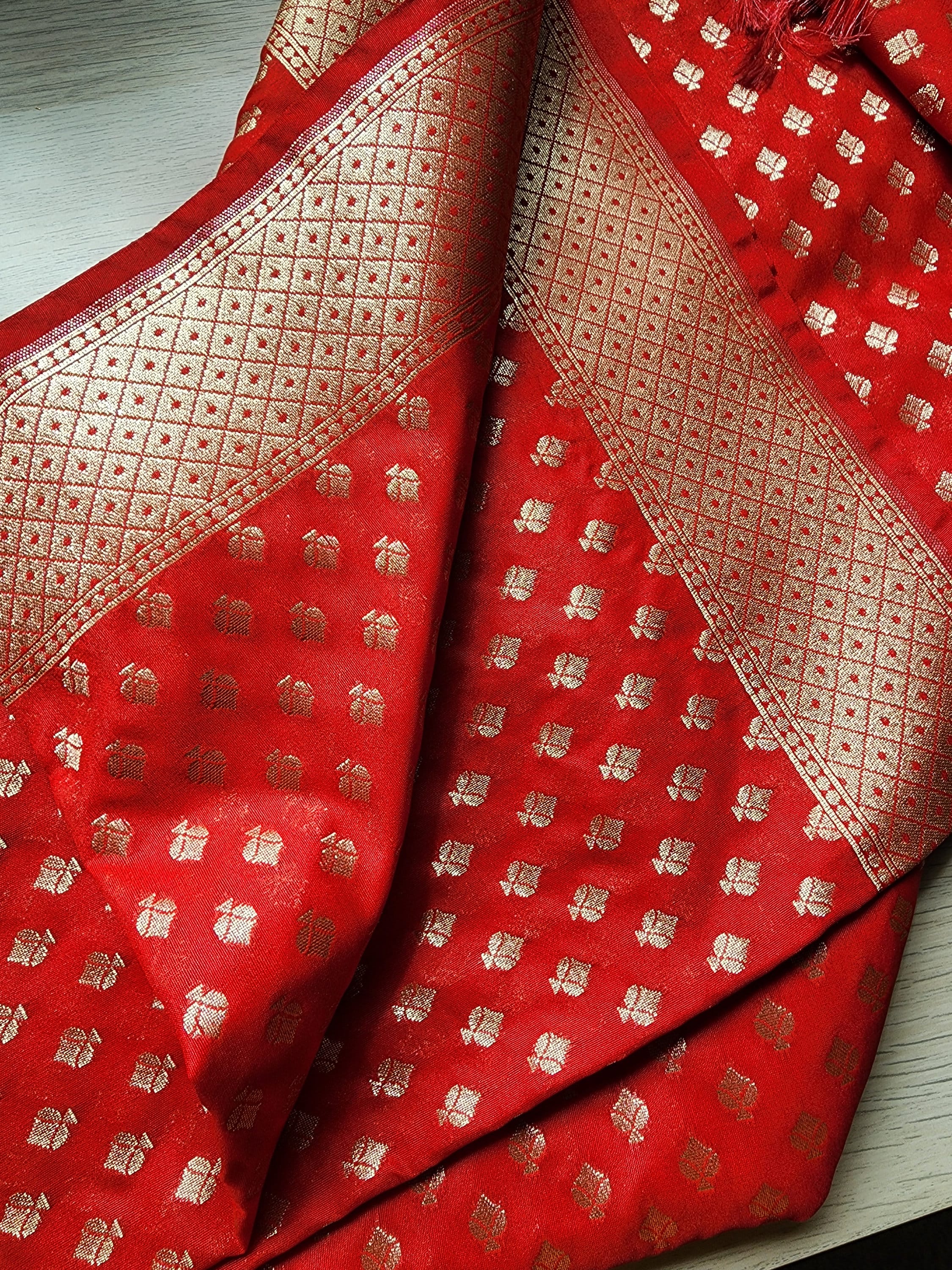 Red Banarasi Silk Dupatta with Gold Leaf Motifs and Intricate Zari Border