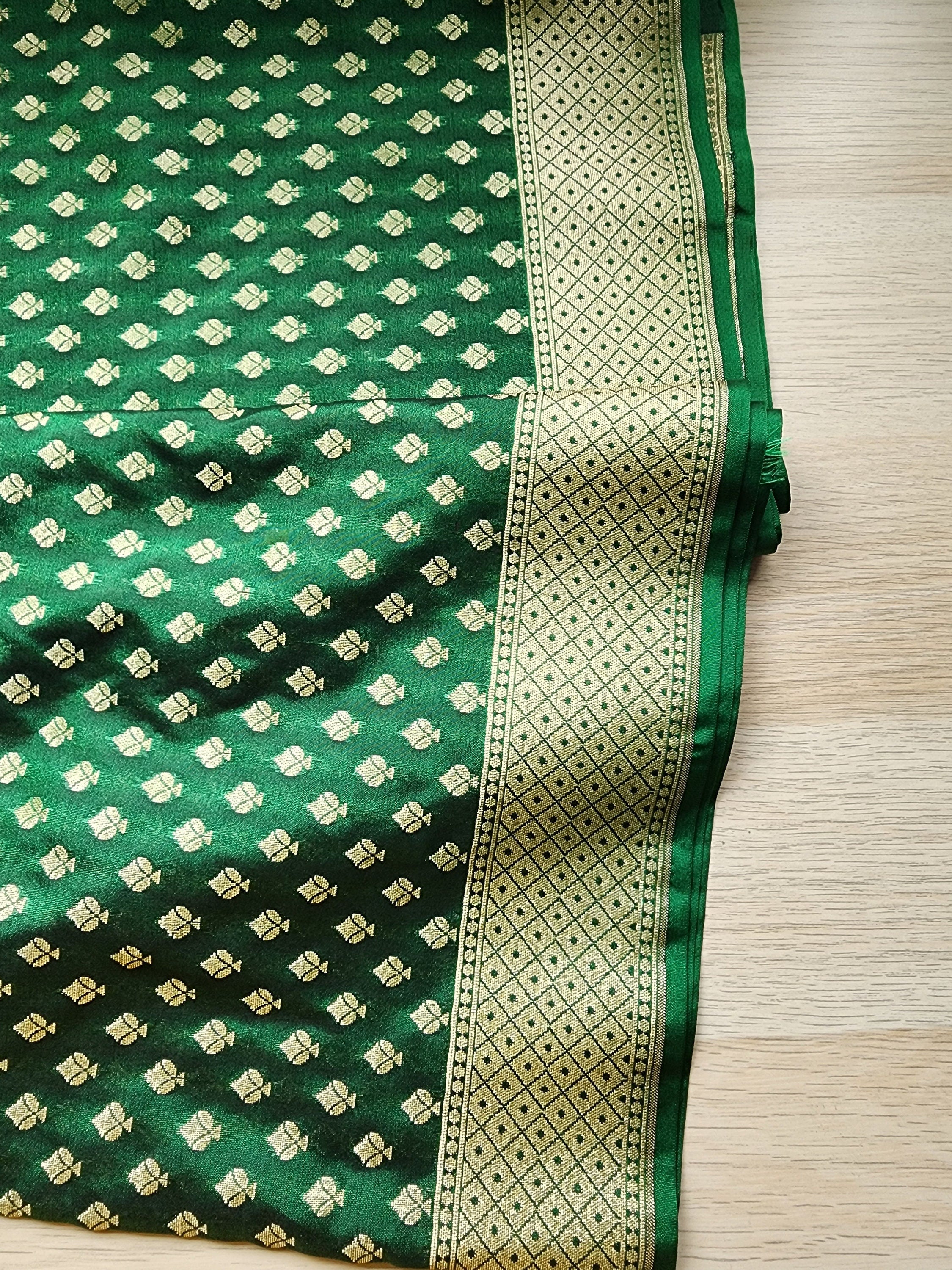 Dark Green Banarasi Silk Dupatta with Gold Leaf Motifs and Intricate Zari Border