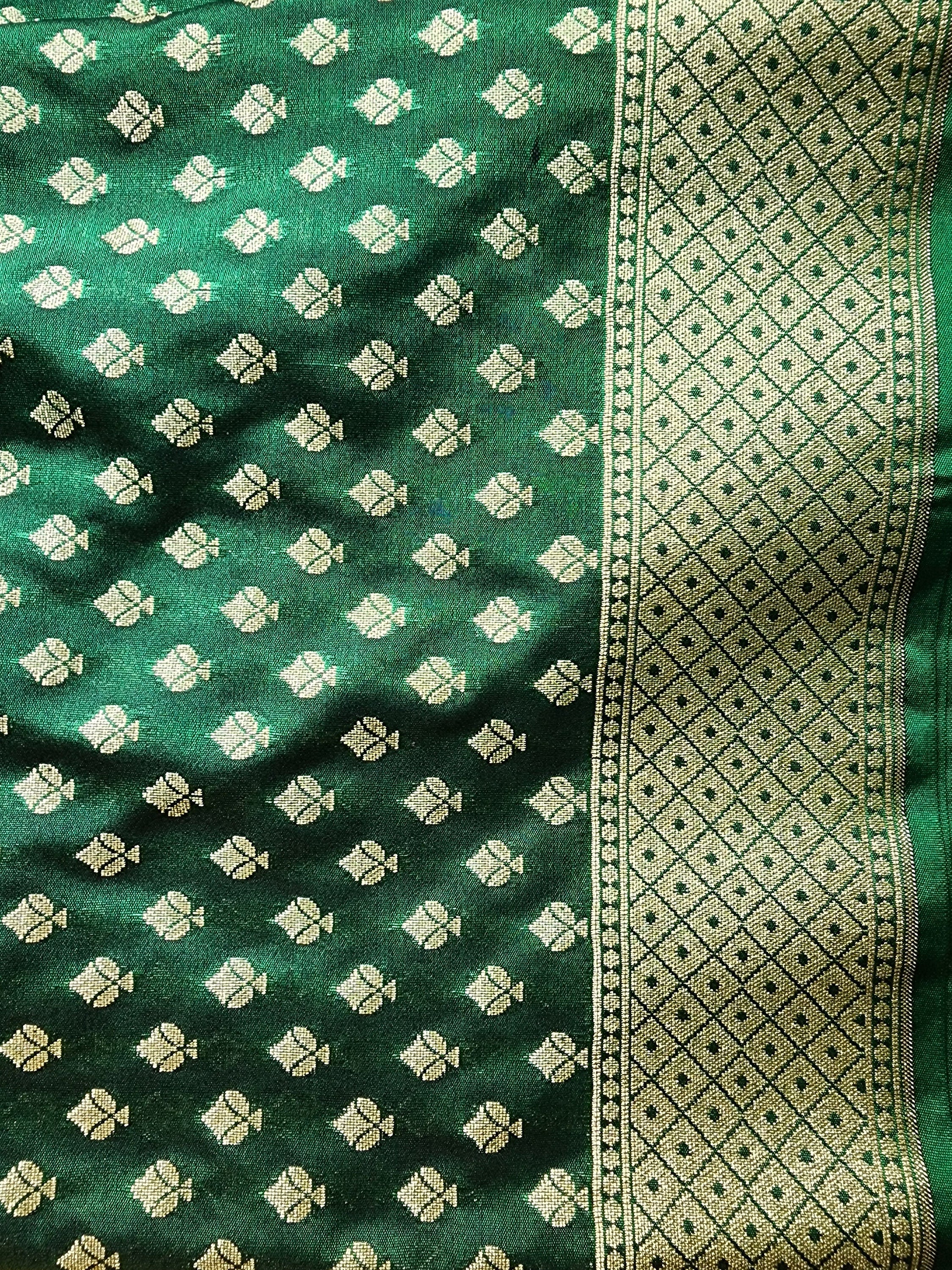 Dark Green Banarasi Silk Dupatta with Gold Leaf Motifs and Intricate Zari Border