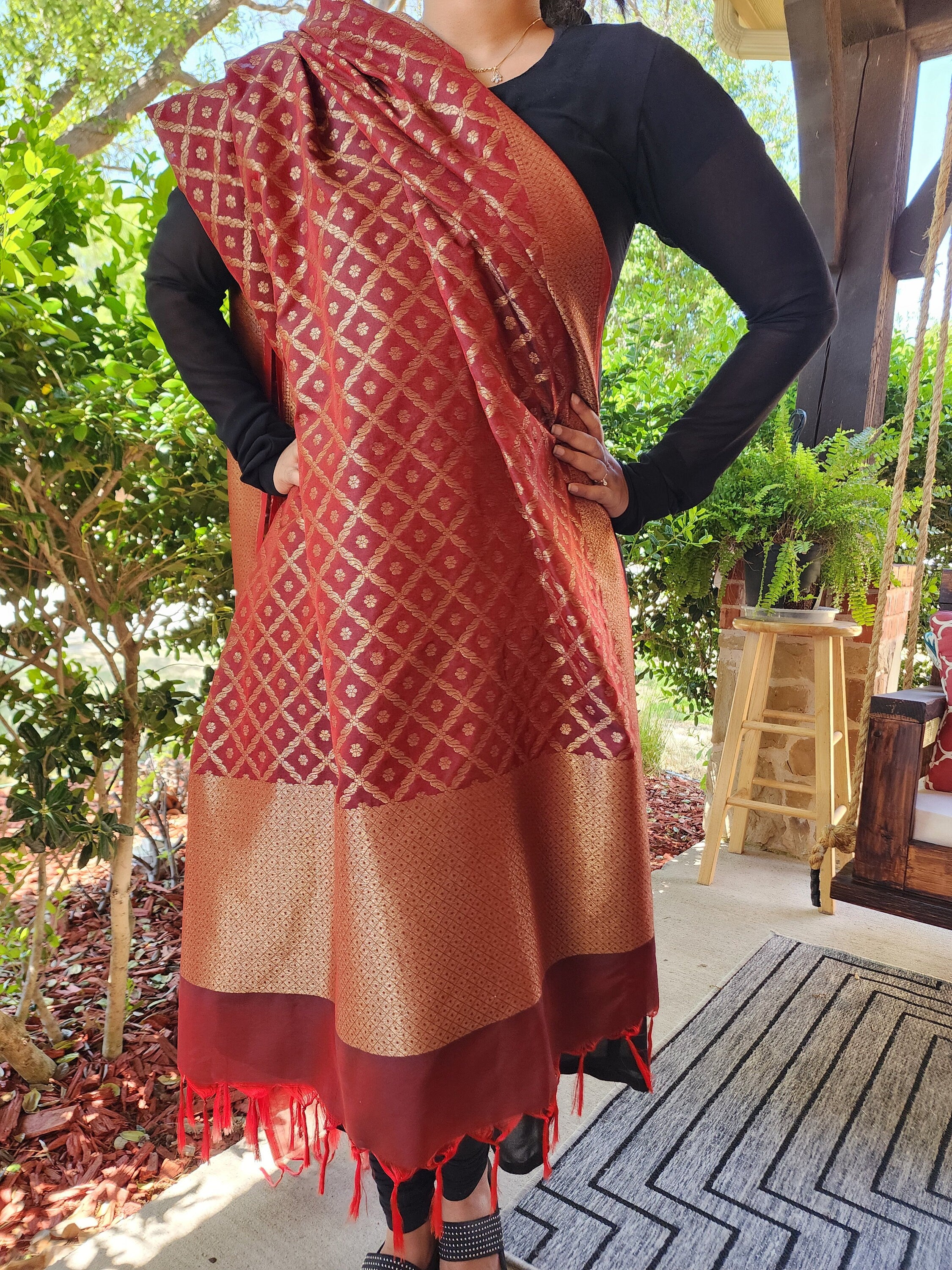Banarasi Silk Brown Dupatta with handwoven Golden threads