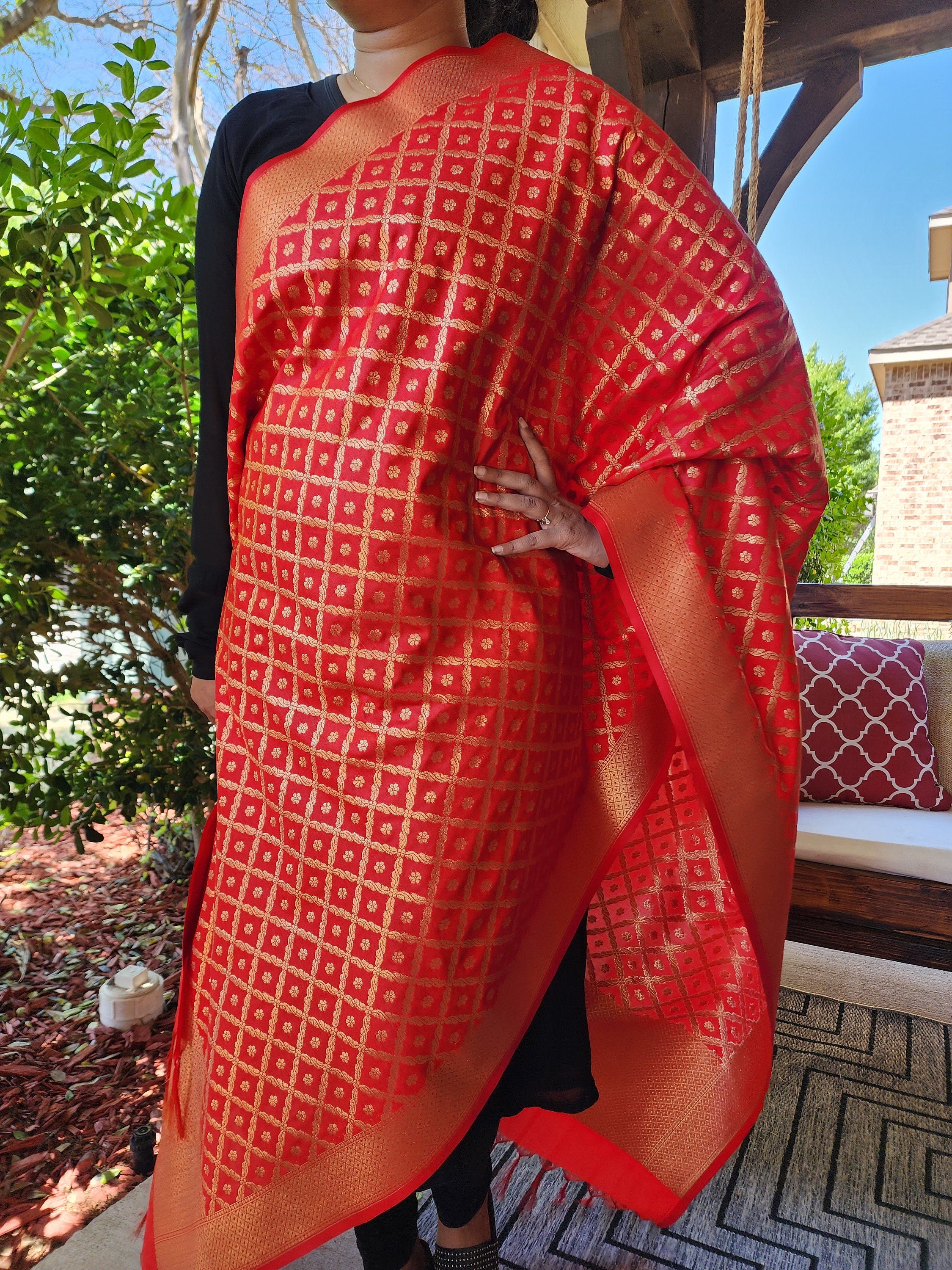 Bright Red Banarasi Silk Dupatta with Gold Box Motifs and Intricate Zari Border