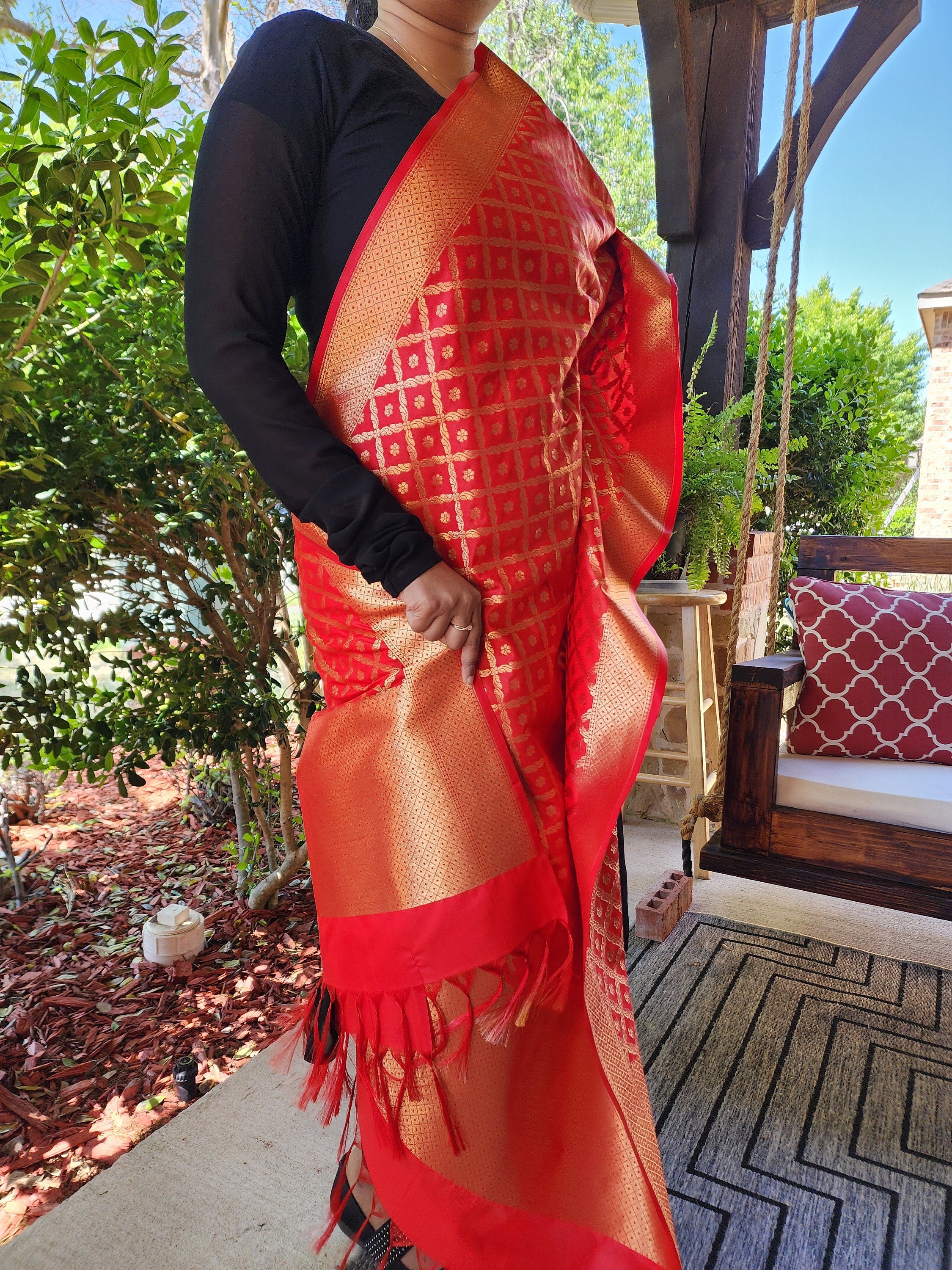 Bright Red Banarasi Silk Dupatta with Gold Box Motifs and Intricate Zari Border