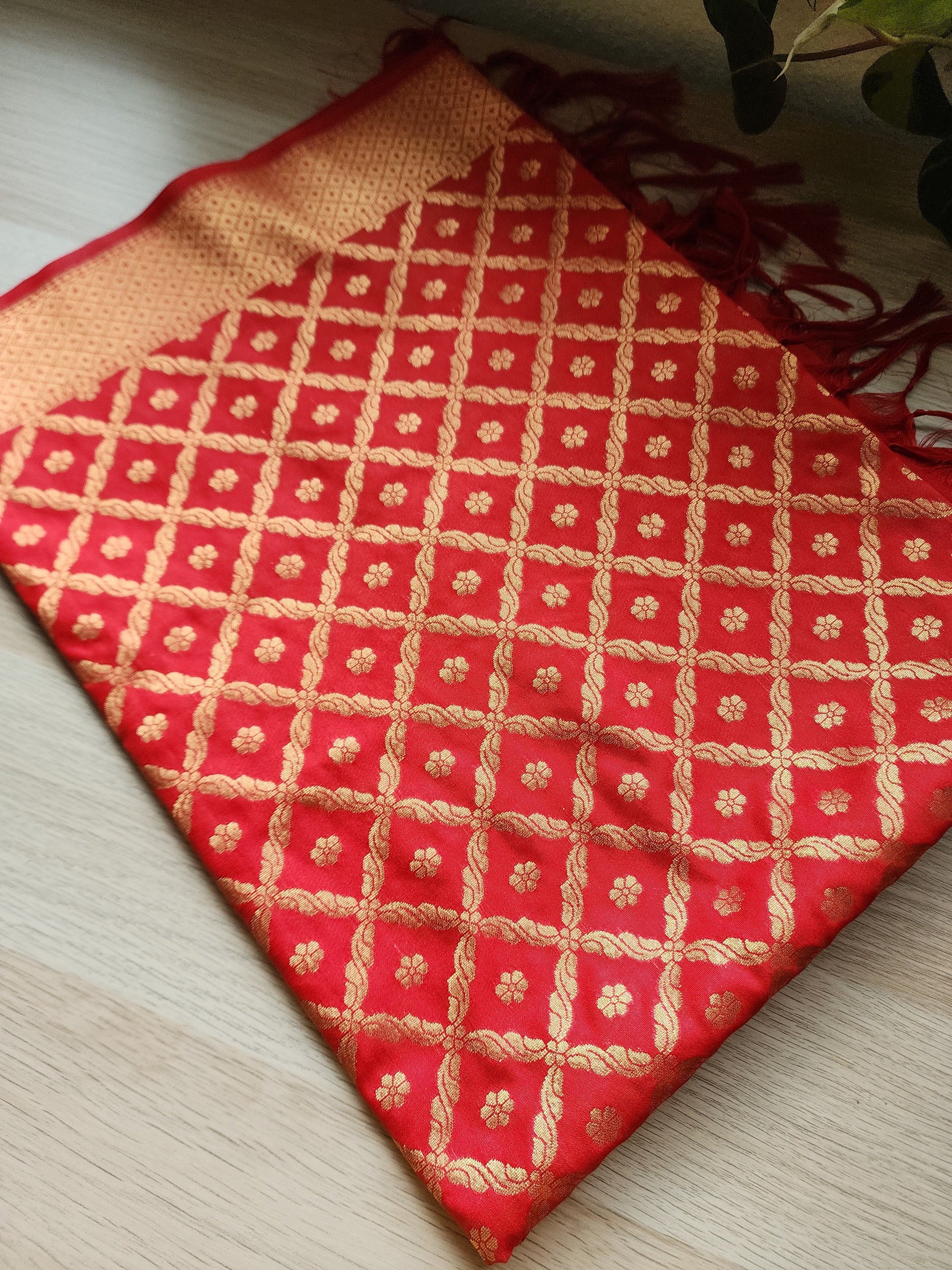 Bright Red Banarasi Silk Dupatta with Gold Box Motifs and Intricate Zari Border