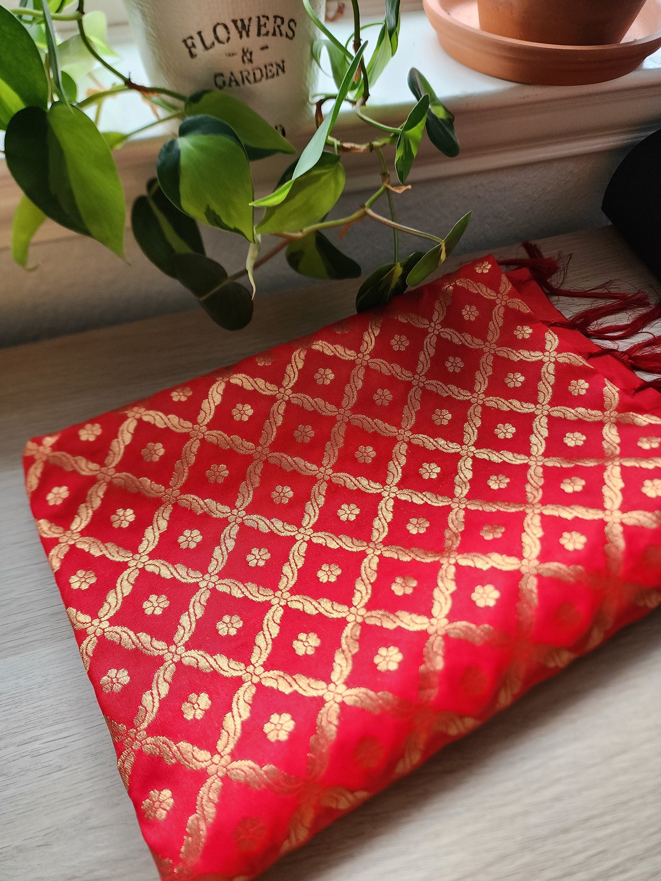 Bright Red Banarasi Silk Dupatta with Gold Box Motifs and Intricate Zari Border