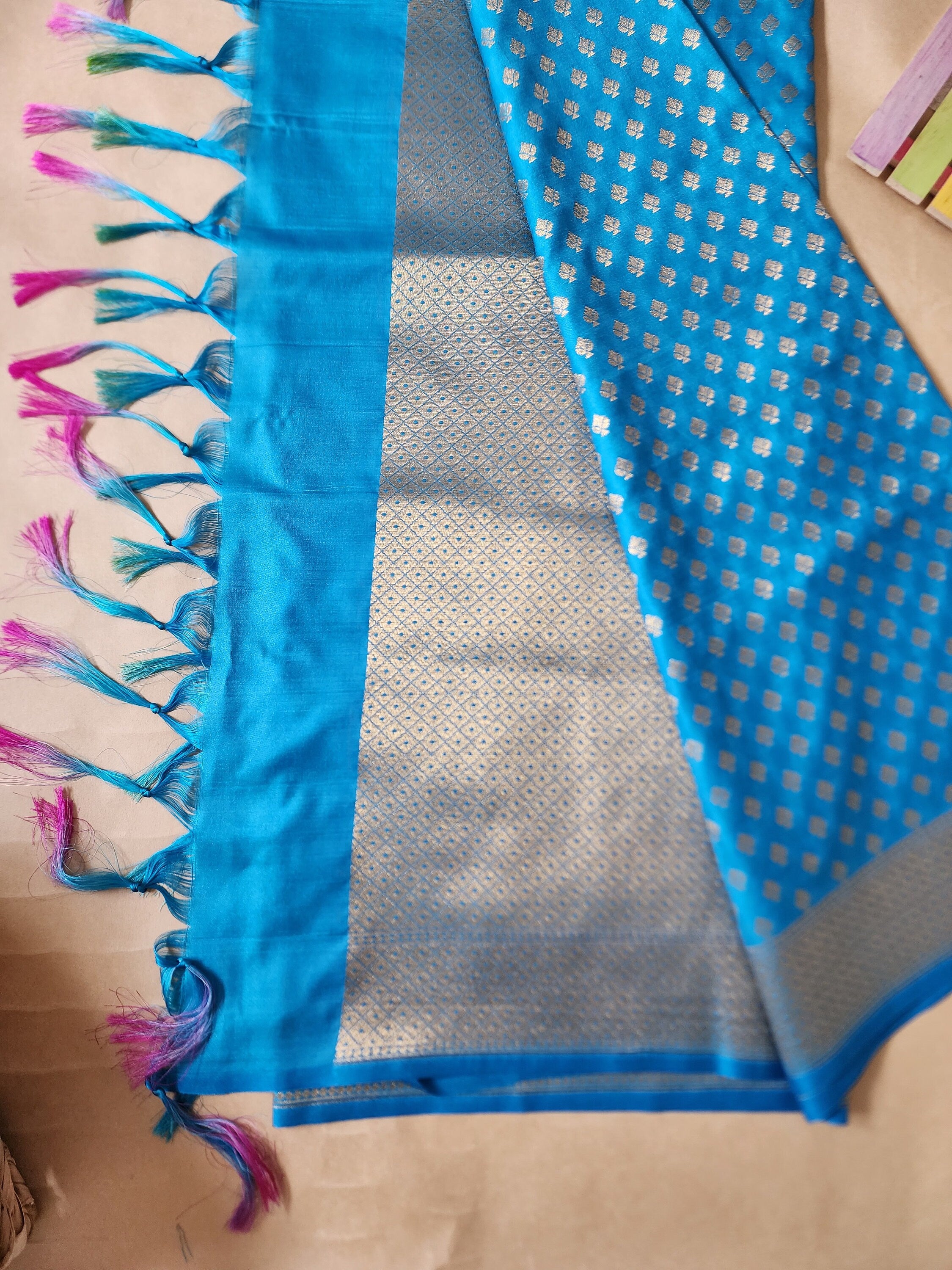 Azure Blue Banarasi Silk Dupatta with Gold Leaf Motifs and Intricate Zari Border