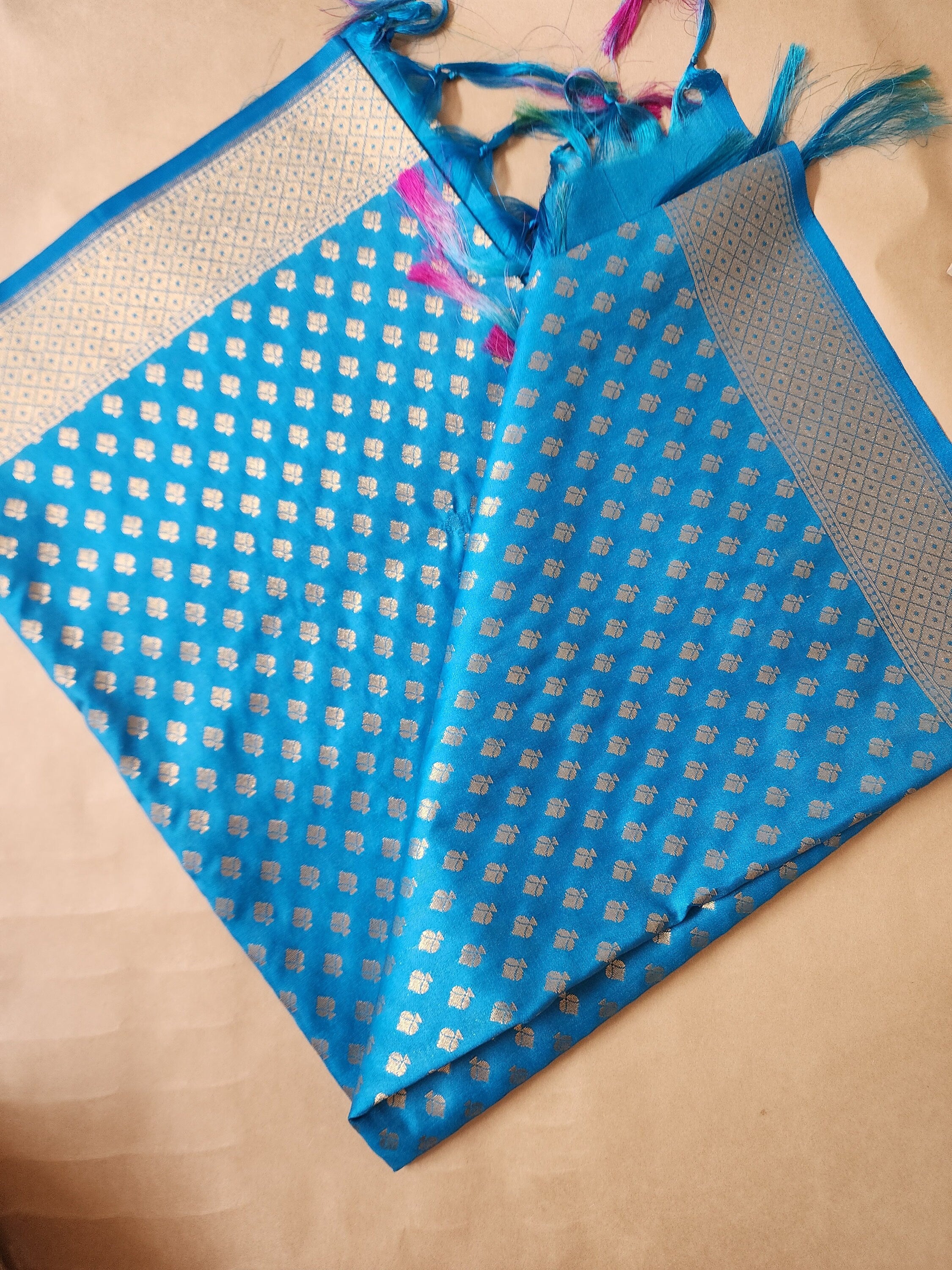 Azure Blue Banarasi Silk Dupatta with Gold Leaf Motifs and Intricate Zari Border