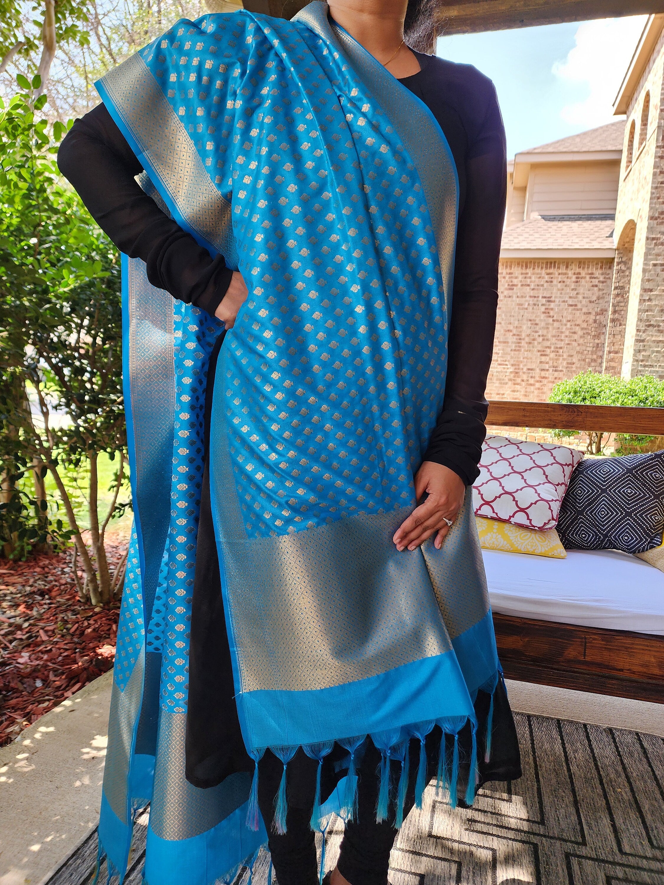 Azure Blue Banarasi Silk Dupatta with Gold Leaf Motifs and Intricate Zari Border