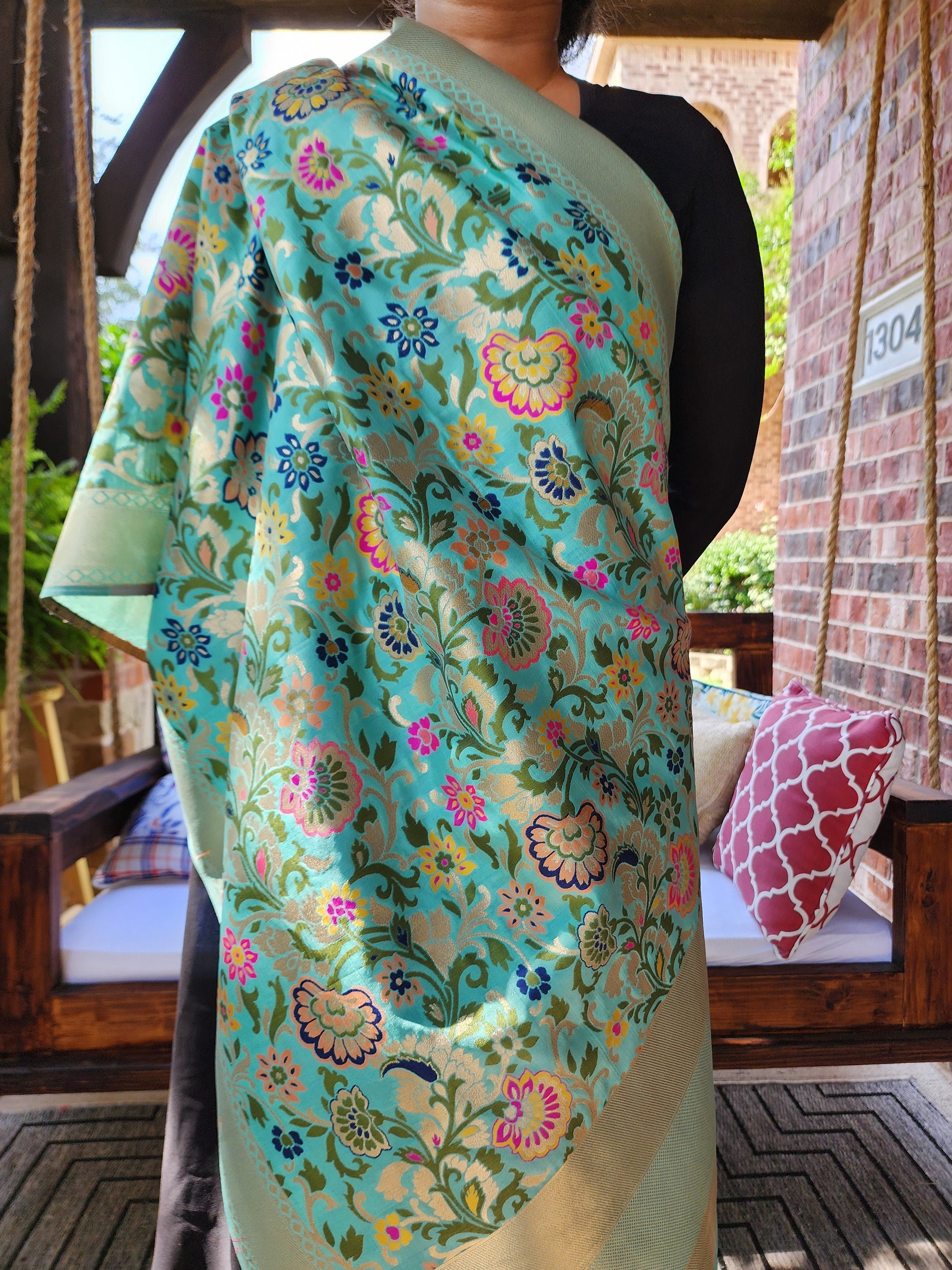 Banarasi Silk Aqua Blue Dupatta with multicolor floral handweaving