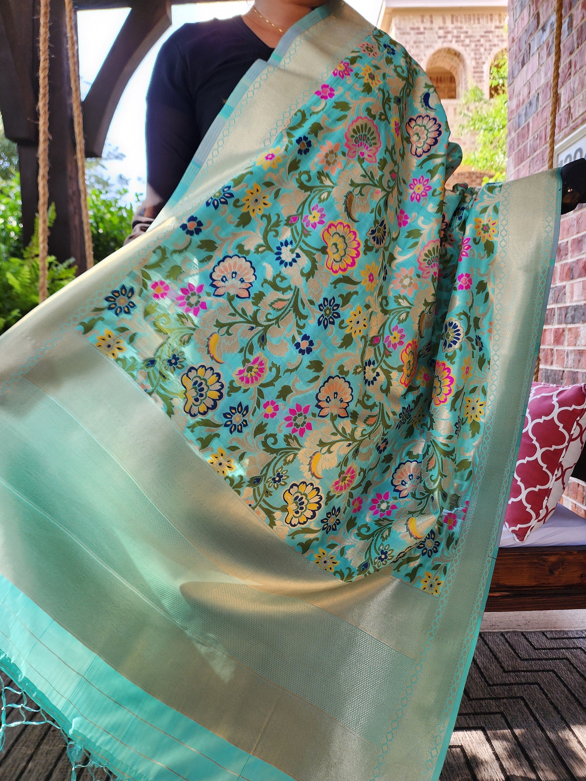 Banarasi Silk Aqua Blue Dupatta with Multicolor & Gold Floral Handweaving