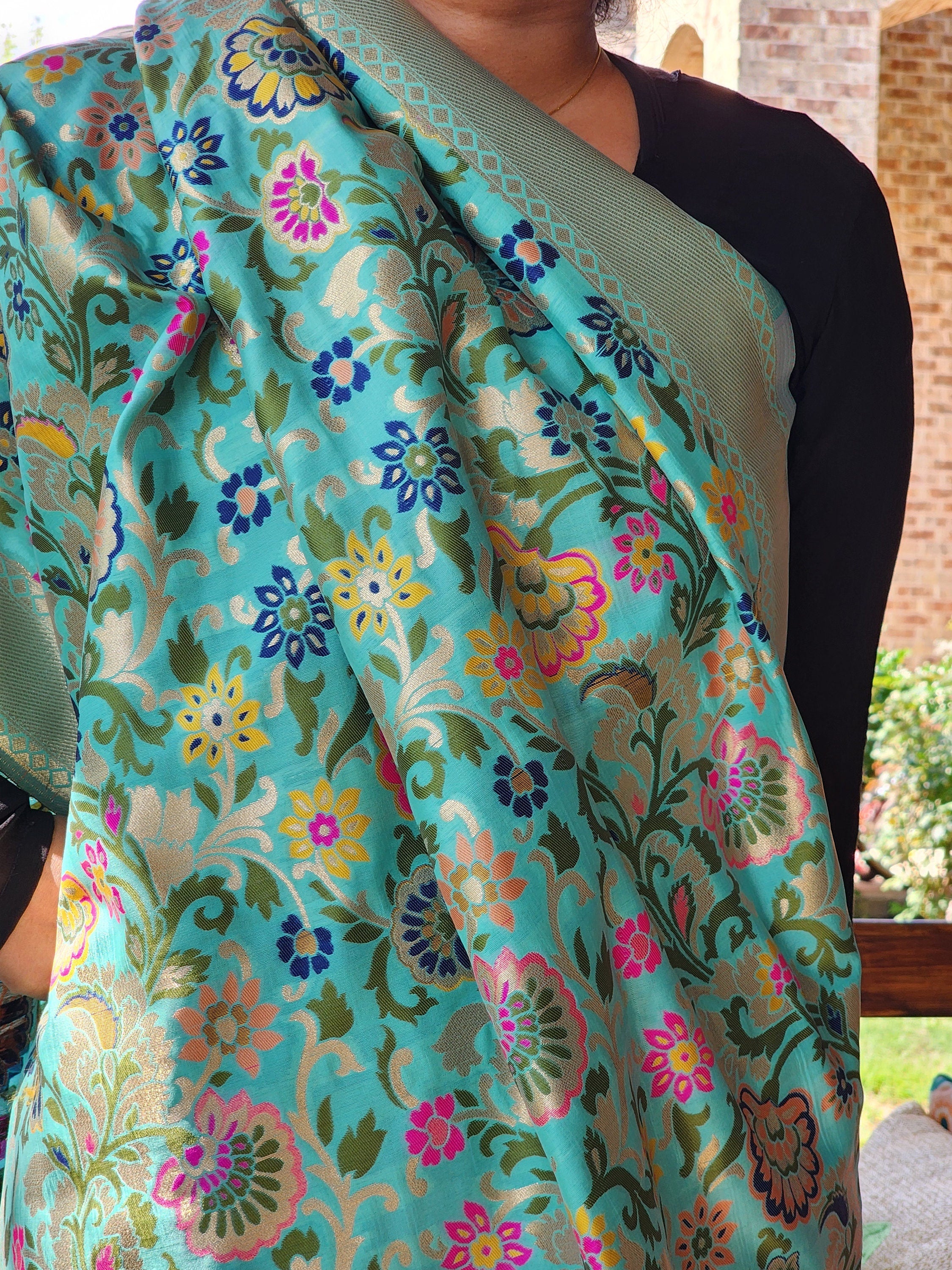 Banarasi Silk Aqua Blue Dupatta with Multicolor & Gold Floral Handweaving
