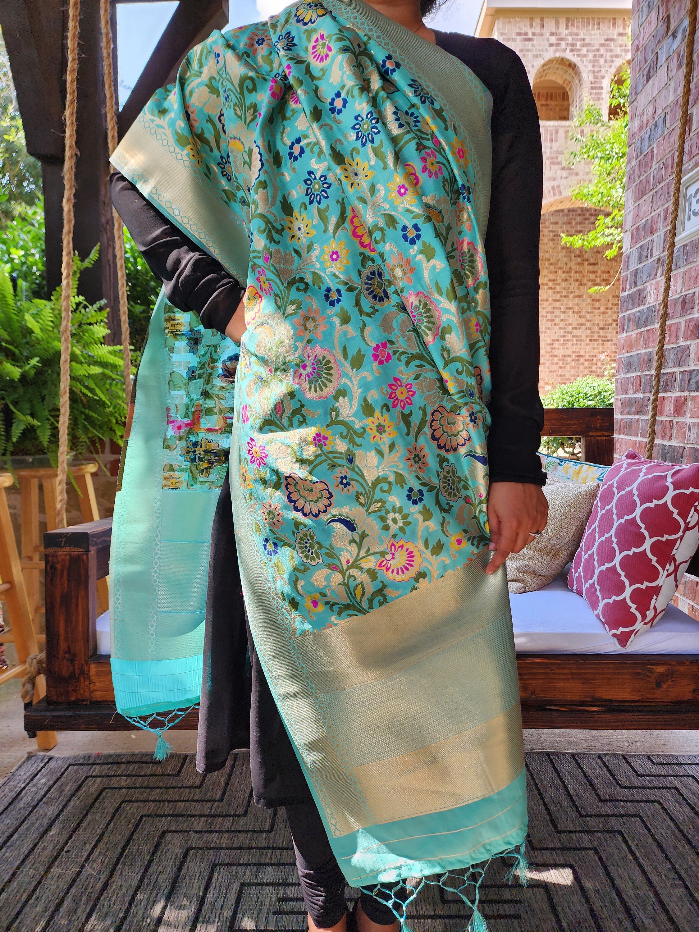 Banarasi Silk Aqua Blue Dupatta with Multicolor & Gold Floral Handweaving
